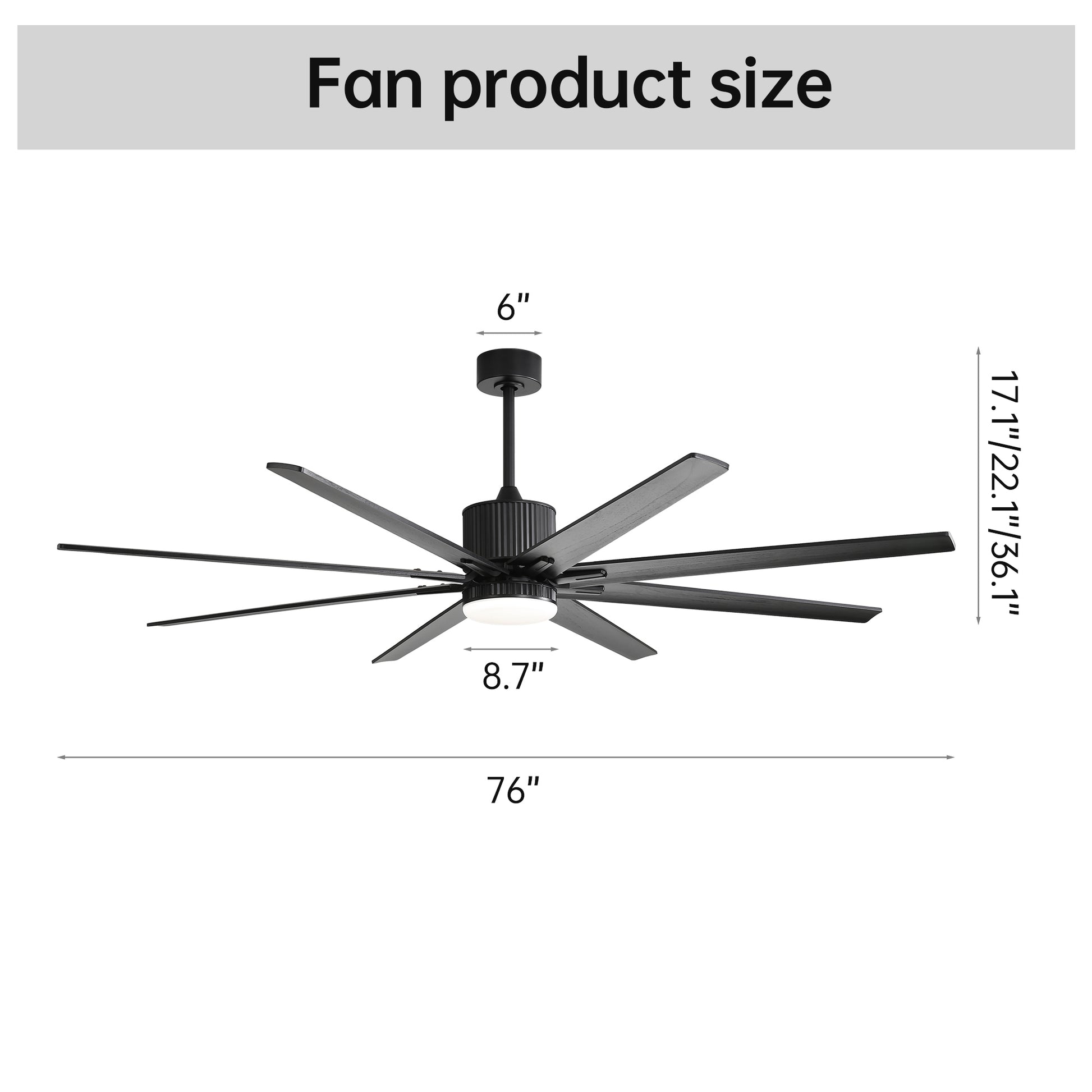 76 Inch Ceiling Fan With 18W Dimmable Led Light Smart Remote Control 8 Solid Wood Blades Black Black Metal & Wood