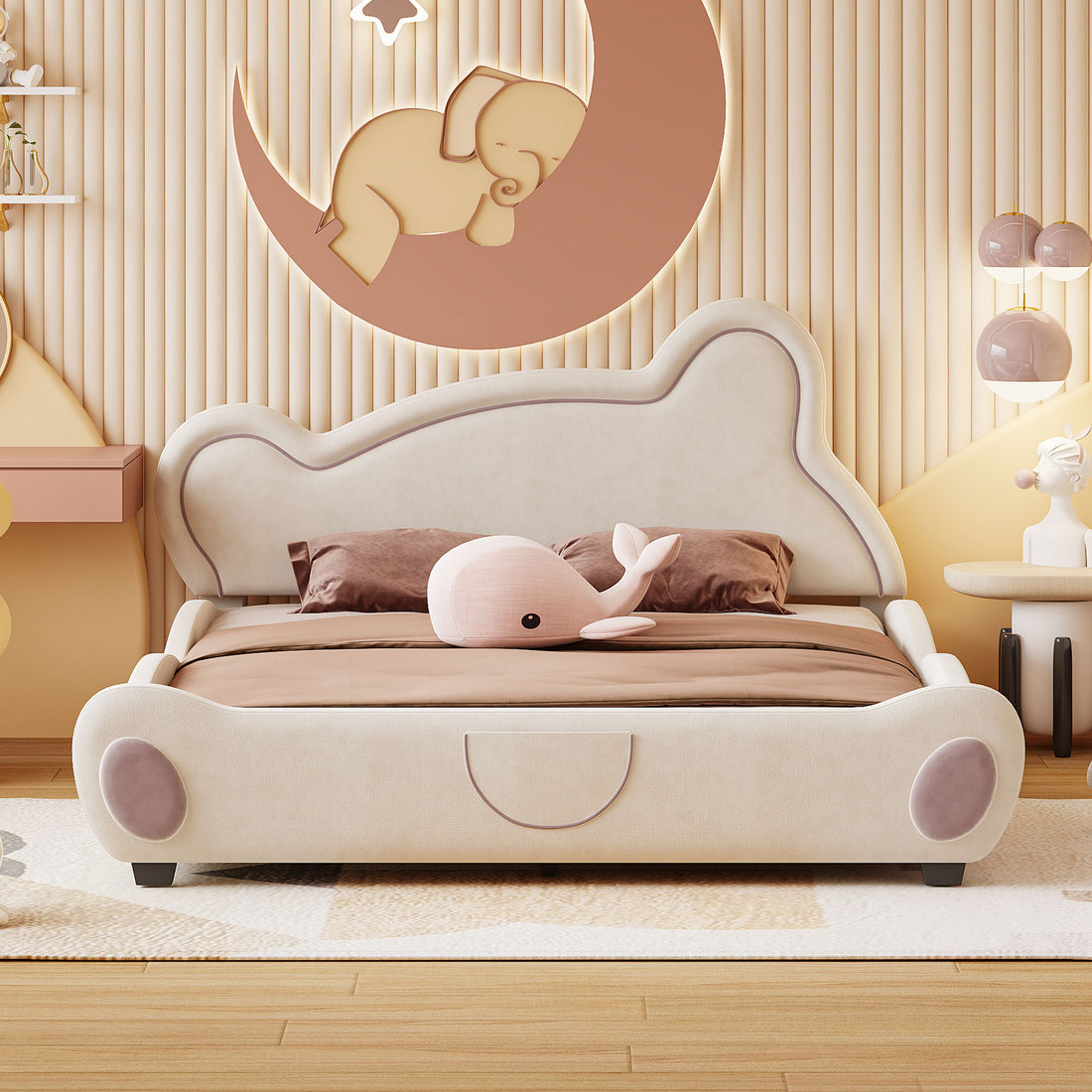 Queen Size Velvet Platform Bed With Bear Shaped Headboard, With Bed End Storage Pocket, Beige Queen Beige Plywood