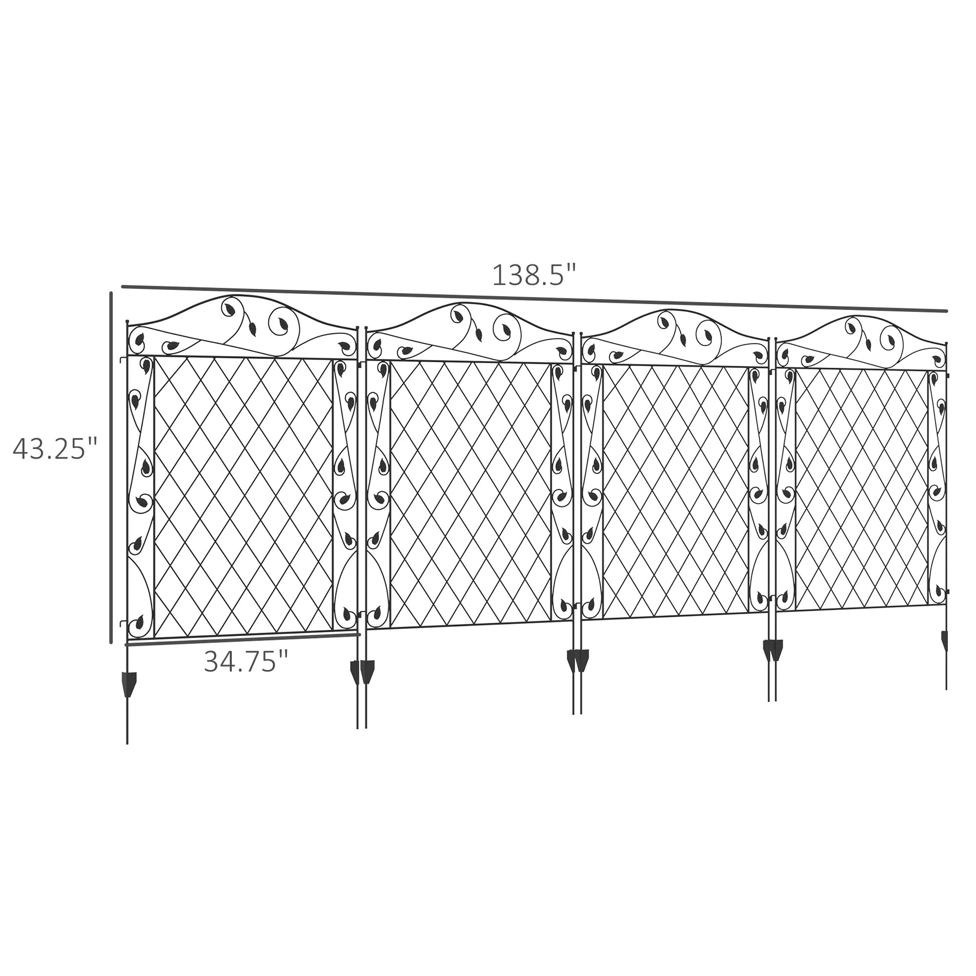 Outsunny Garden Fence, 4 Pack Steel Fence Panels, 11.5' L X 43" H, Rust Resistant Animal Barrier Decorative Border Flower Edging For Yard, Landscape, Patio, Outdoor Decor, Wavey Vines Black Steel