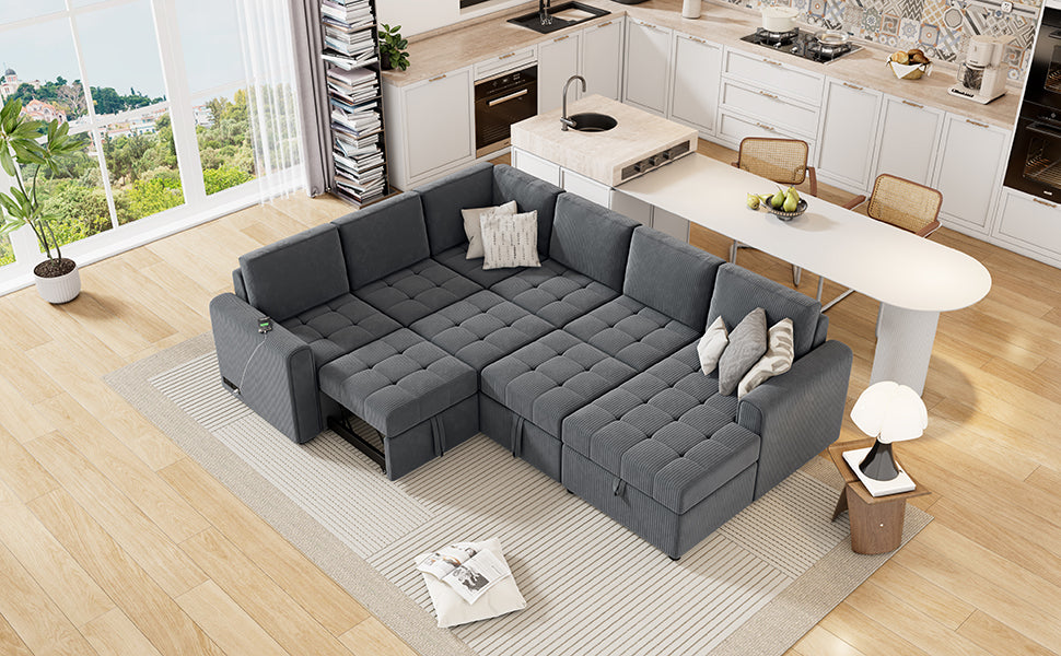 107.5" U Shaped Sofa Sectional Sofa Pull Out Sofa Bed With A Storage Chaise Lounge, Charging Devices For Living Room, Gray Gray Foam Corduroy 5 Seat