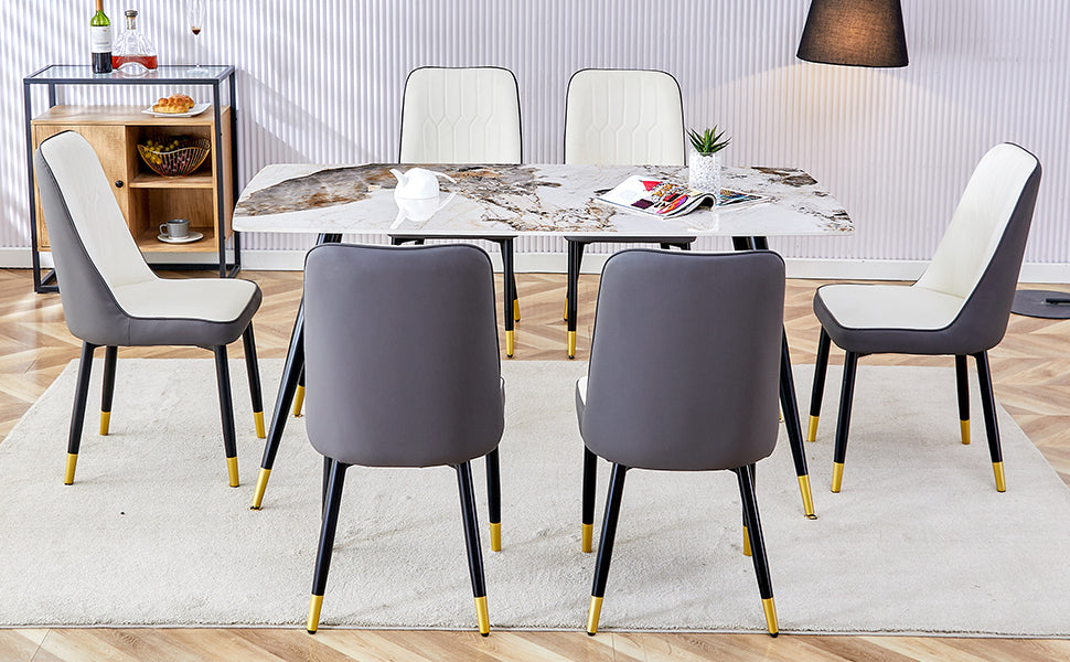 Modern Minimalist Dining Table. Imitation Marble Patterned Stone Burning Tabletop With Black Metal Legs.Modern Dining Chair With Pu Artificial Leather Backrest Cushion And Black Metal Legs.F 001 C 007 Black Gold Sintered Stone