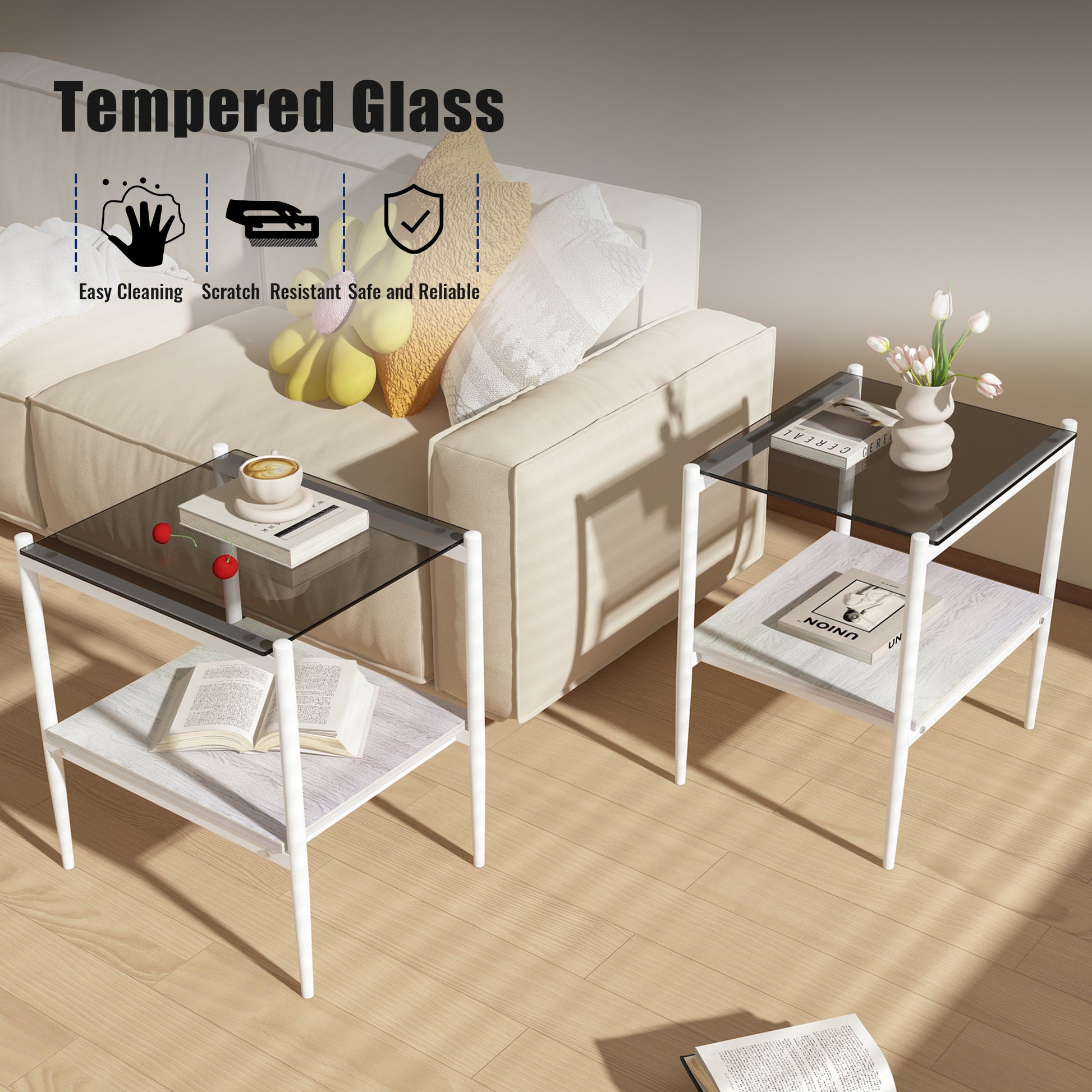 Set Of 2 Rectangle End Table, Tempered Glass Tabletop With Mdf Layer, Modern Table For Living Roomgray Glass Gray Tempered Glass