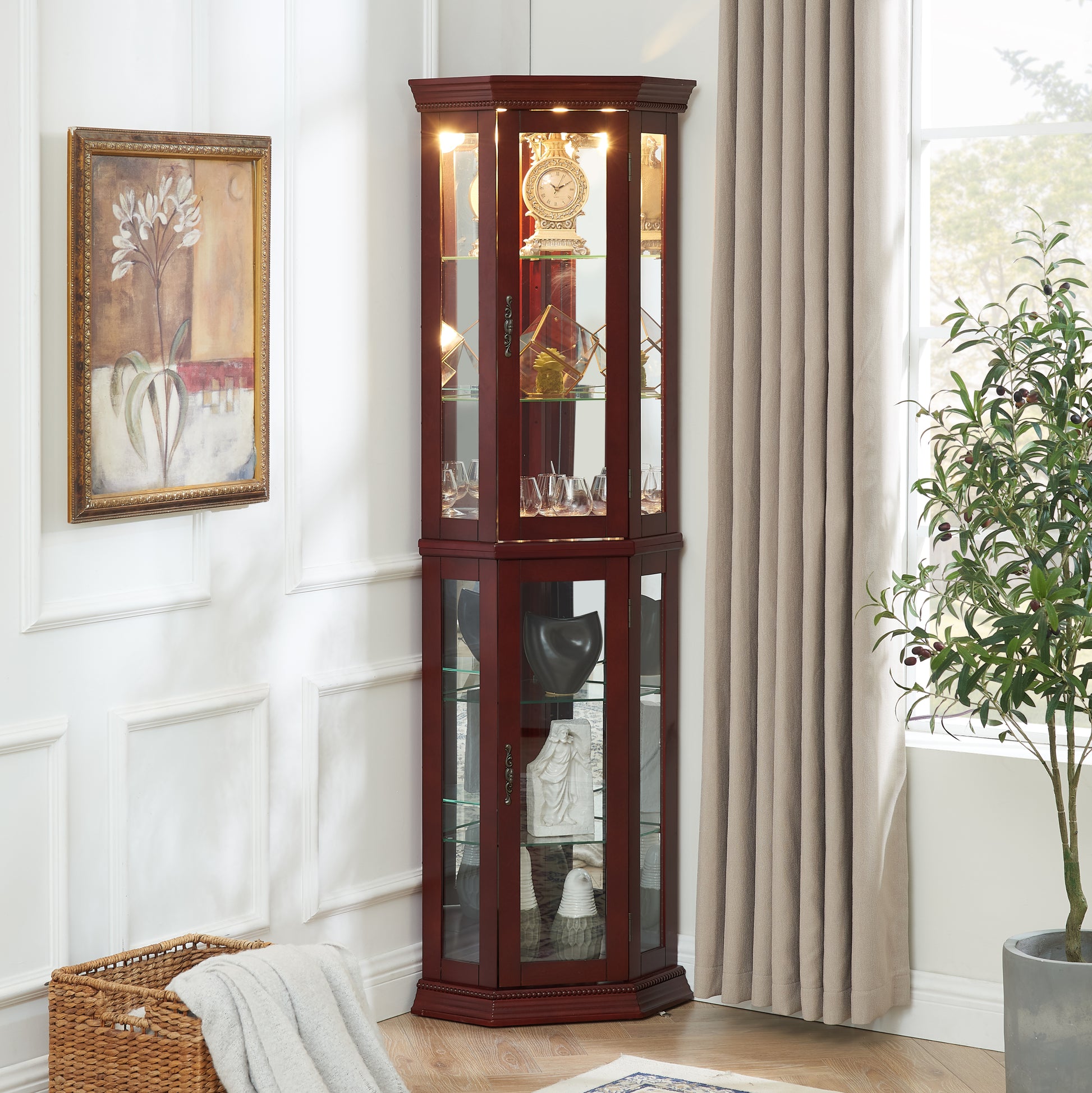 Corner Curio Cabinet With Lights, Adjustable