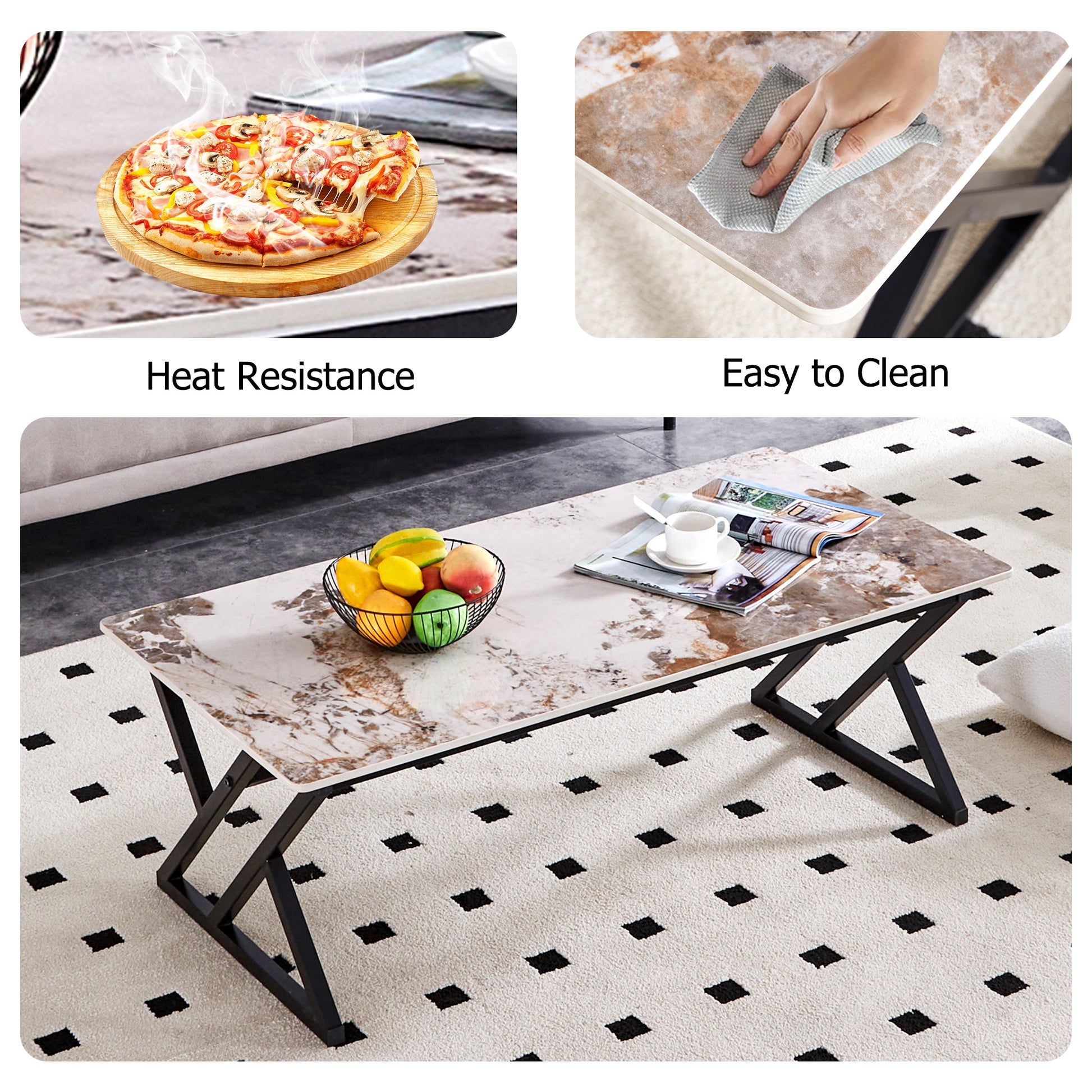 A Modern Minimalist Style Marble Patterned Coffee Table With Black Metal Legs. Computer Desk. Game Table. Tea Table. Ct Xx White Black Sintered Stone