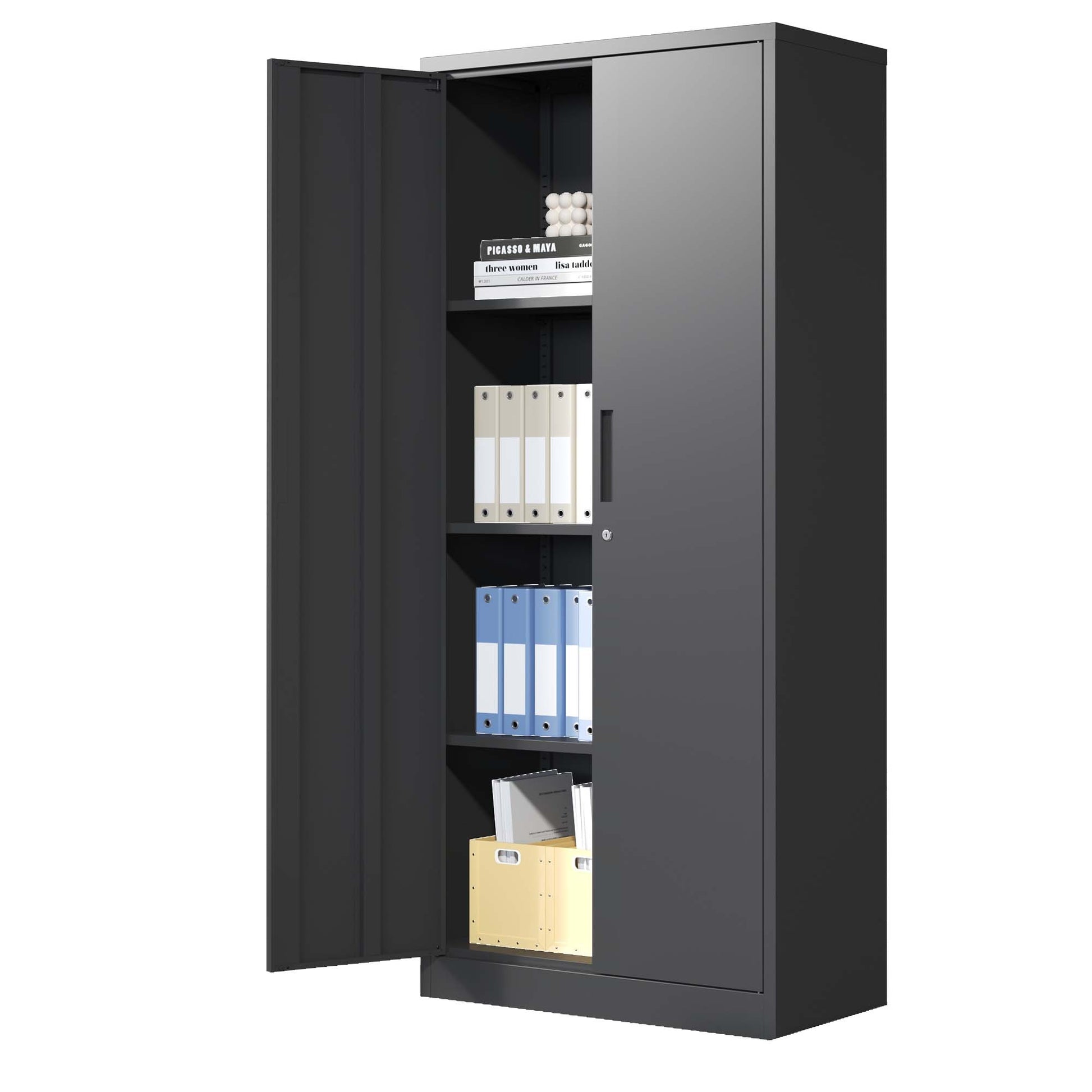 71"H Metal Garage Storage Cabinet, Black Tool Steel Locking Cabinet With Doors And 3 Shelves, Tall Cabinets For Garage Storage Systems Lockable File Cabinet For Home Office, Classroom Pantry Filing Cabinets 3 4 Shelves Black Office Adjustable Shelves