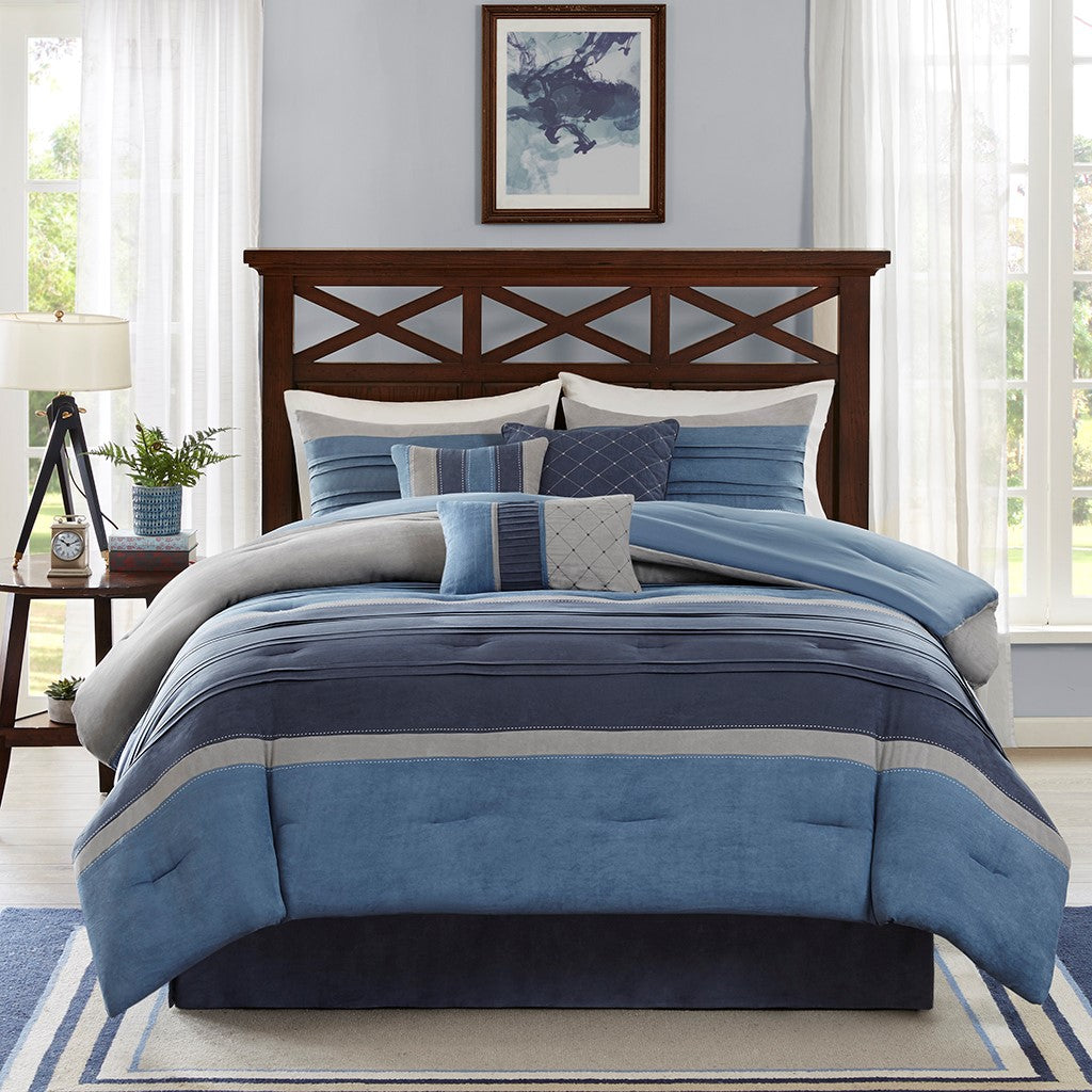 7 Piece Microsuede Comforter Set Navy Cal King California King Navy Polyester