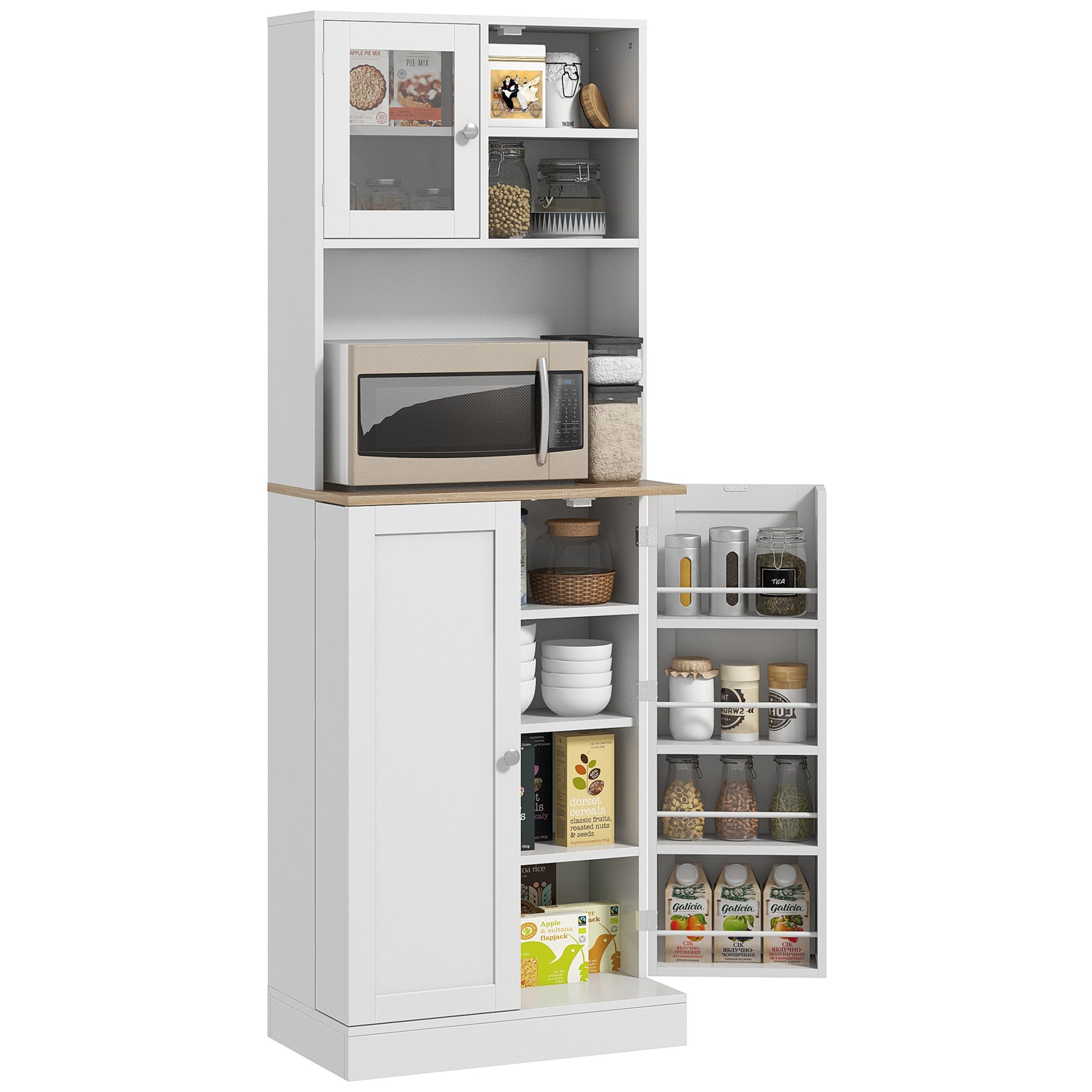 Homcom 66.5" Pantry Cabinet With Microwave Stand, Freestanding Kitchen Storage Cabinet With Hutch, 8 Door Shelves, Adjustable Shelves, Food Pantry Cabinet For Dining Room, White White Particle Board