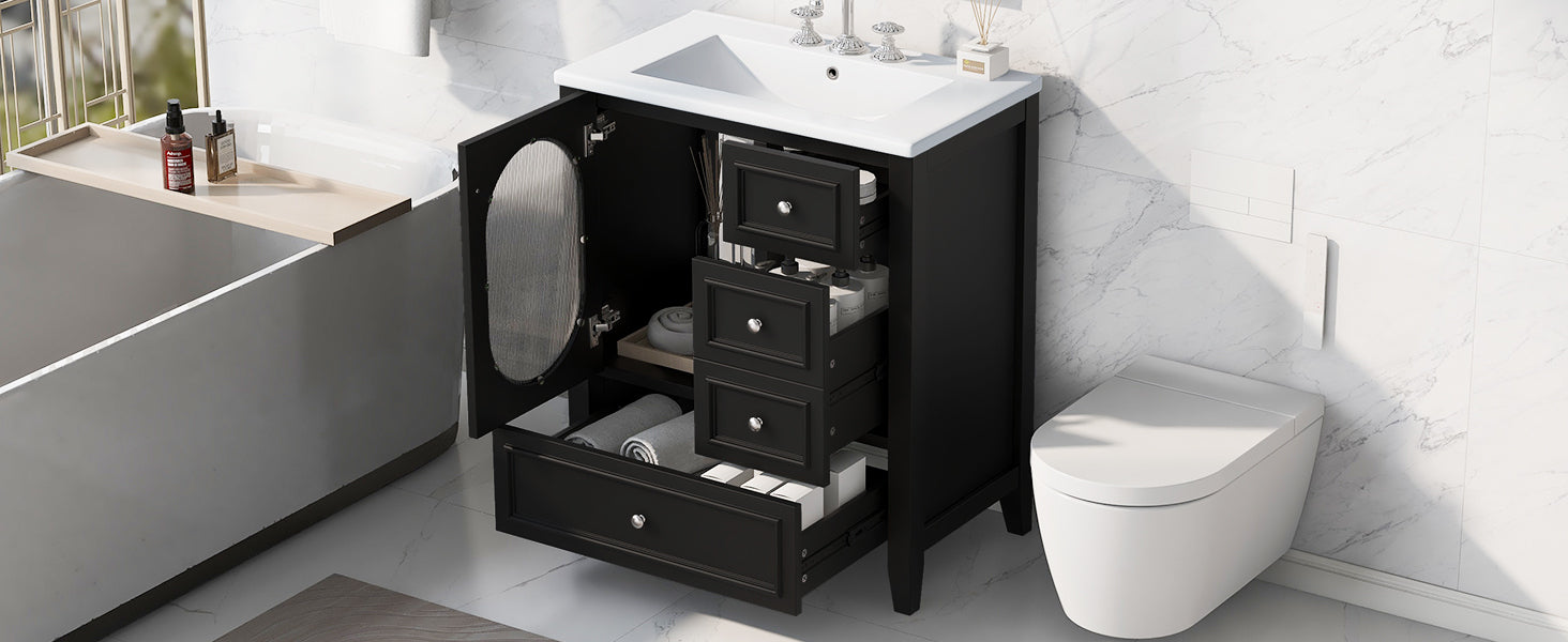 30" Bathroom Vanity With Sink, Bathroom Vanity Cabinet With Three Drawers And Door, Solid Wood And Mdf, Black Black Solid Wood Mdf