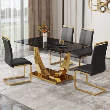 Table And Chair Set.Modern Rectangular Dining Table With Black Textured Stickers Glass Tabletop And Gold Plated Metal Legs.Paried With 4 Comfortable Chairs With Pu Seats And Golden Metal Legs. Black