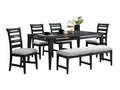 Black Color 6Pc Dining Set Table And 4X Side Chairs 1X Bench Upholstered Fabric Cushion Seats Solid Wood Dining Room Furniture Wood Dining Room Solid Wood Rubberwood Rectangular Dining Table With Chair And Bench Upholstered Chair Wood Black Ladder Back