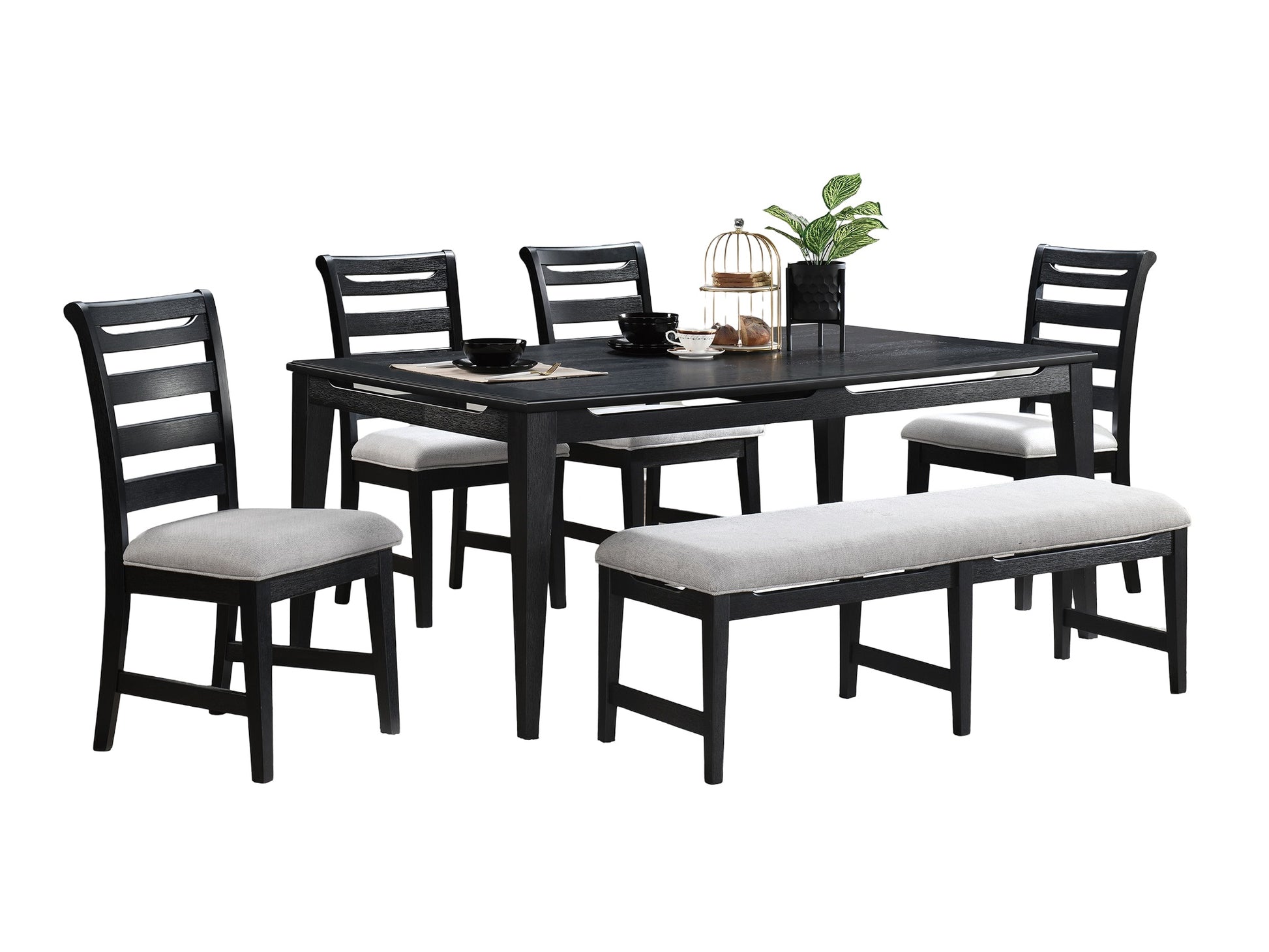 Black Color 6Pc Dining Set Table And 4X Side Chairs 1X Bench Upholstered Fabric Cushion Seats Solid Wood Dining Room Furniture Wood Dining Room Solid Wood Rubberwood Rectangular Dining Table With Chair And Bench Upholstered Chair Wood Black Ladder Back