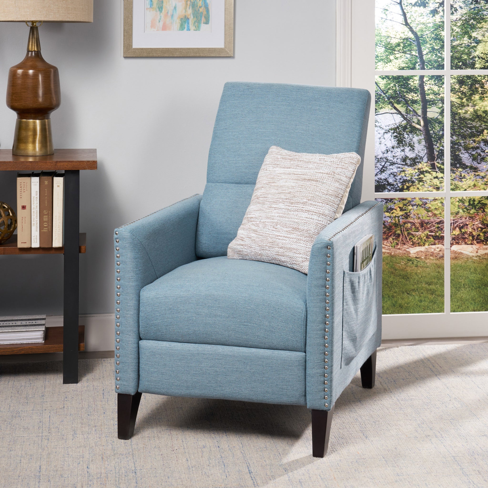 Push Back Recliner Light Blue Fabric - Main Image