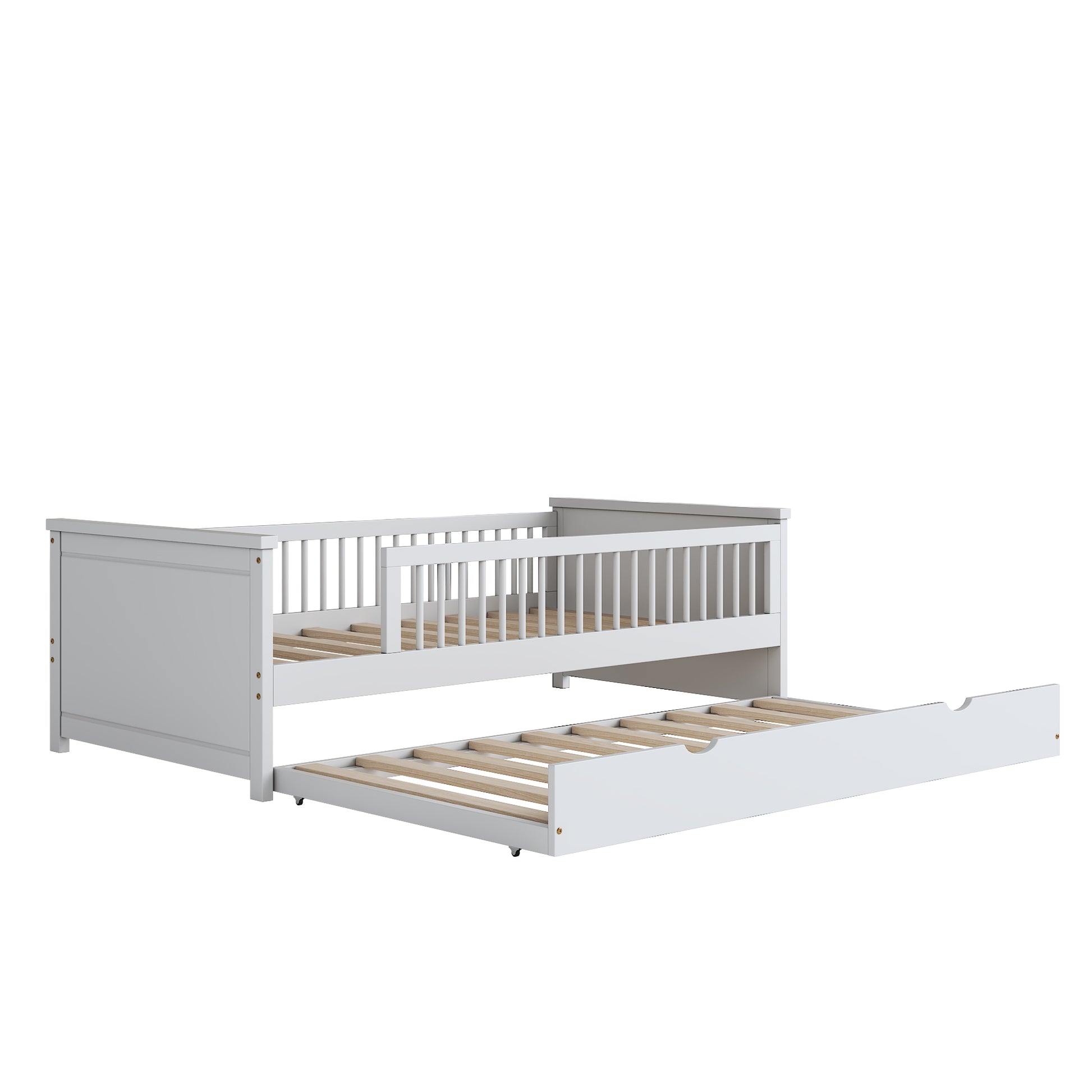 Wood Twin Size Platform Bed With Guardrail And Trundle, White Box Spring Not Required Twin White Wood Bed Frame Solid Wood Mdf