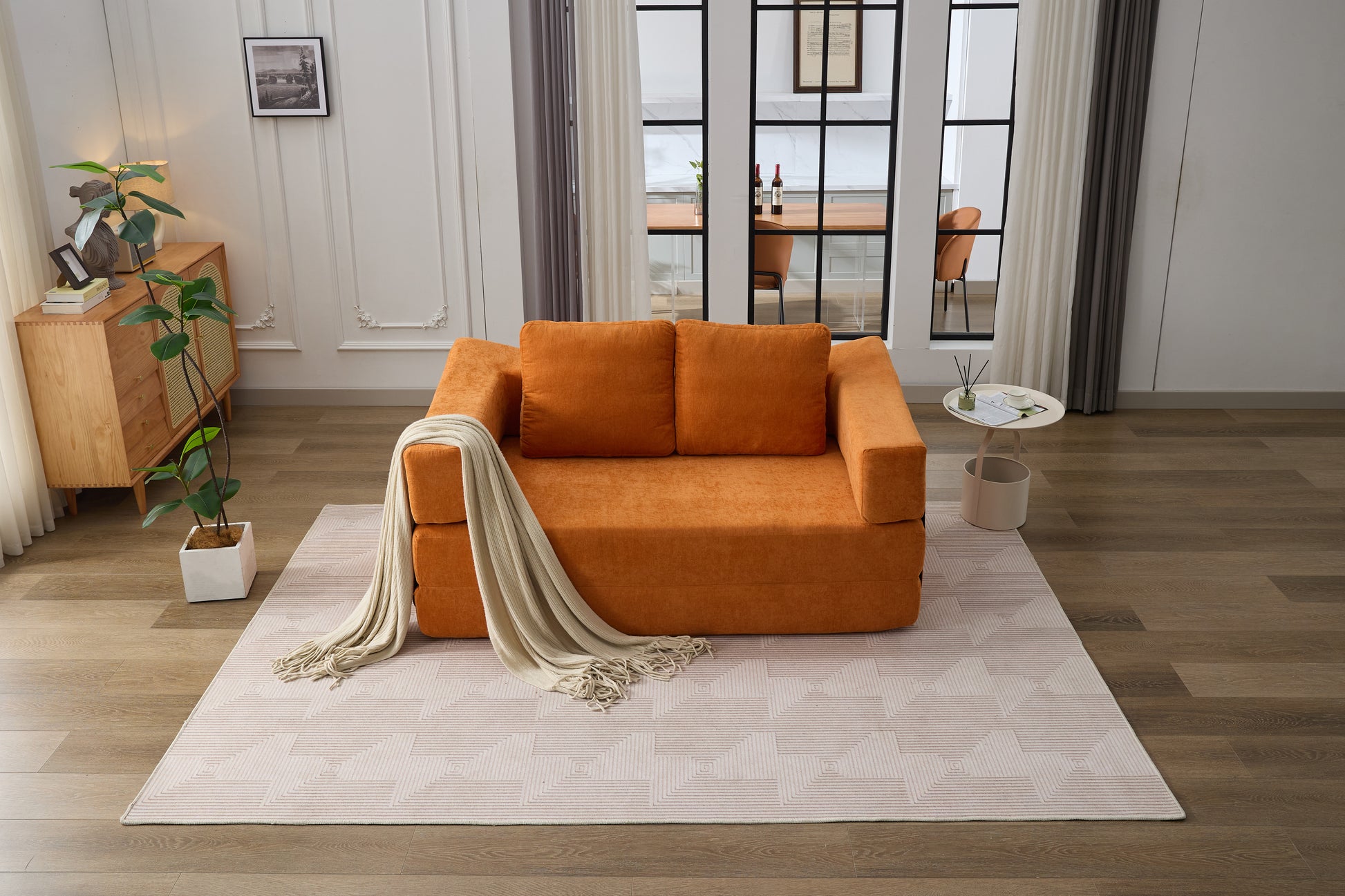 Modern Minimalist Sofa, Fold Out Sofa Bed, Convertible Chair Floor Couch & Sleeping Mattress For Living Room, Bedroom, Apartment, Removable Backrest, Orange Orange Chenille Soft Vintage Chenille 2 Seat