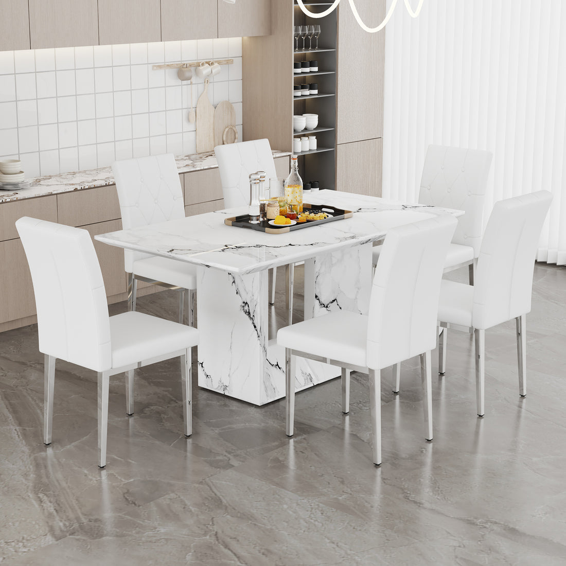 Table And Chair Set.63"X35.4" White Marble Patterned Mdf Dining Table Set With 6 Armless White Pu Chairs.Showcasing A Modern And Stylish Look. White Seats 6 Mdf Metal