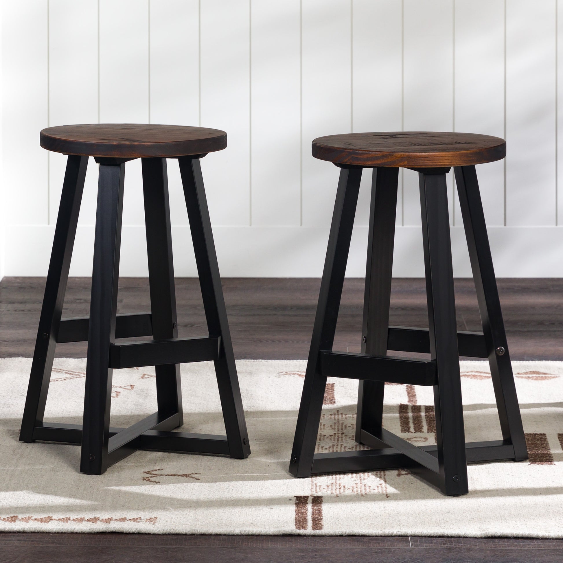 Rustic Distressed Solid Wood Round Dining Stool Mahogany Mahogany Pine Pine