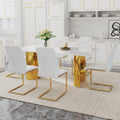 Table And Chair Set.The Table Has A Glass Tabletop With Imitation Marble Pattern Stickers And Stainless Steel Golden Table Legs. Paried With Comfortable Chairs With Pu Seats And Metal Legs. White Gold Seats 6 Glass Metal
