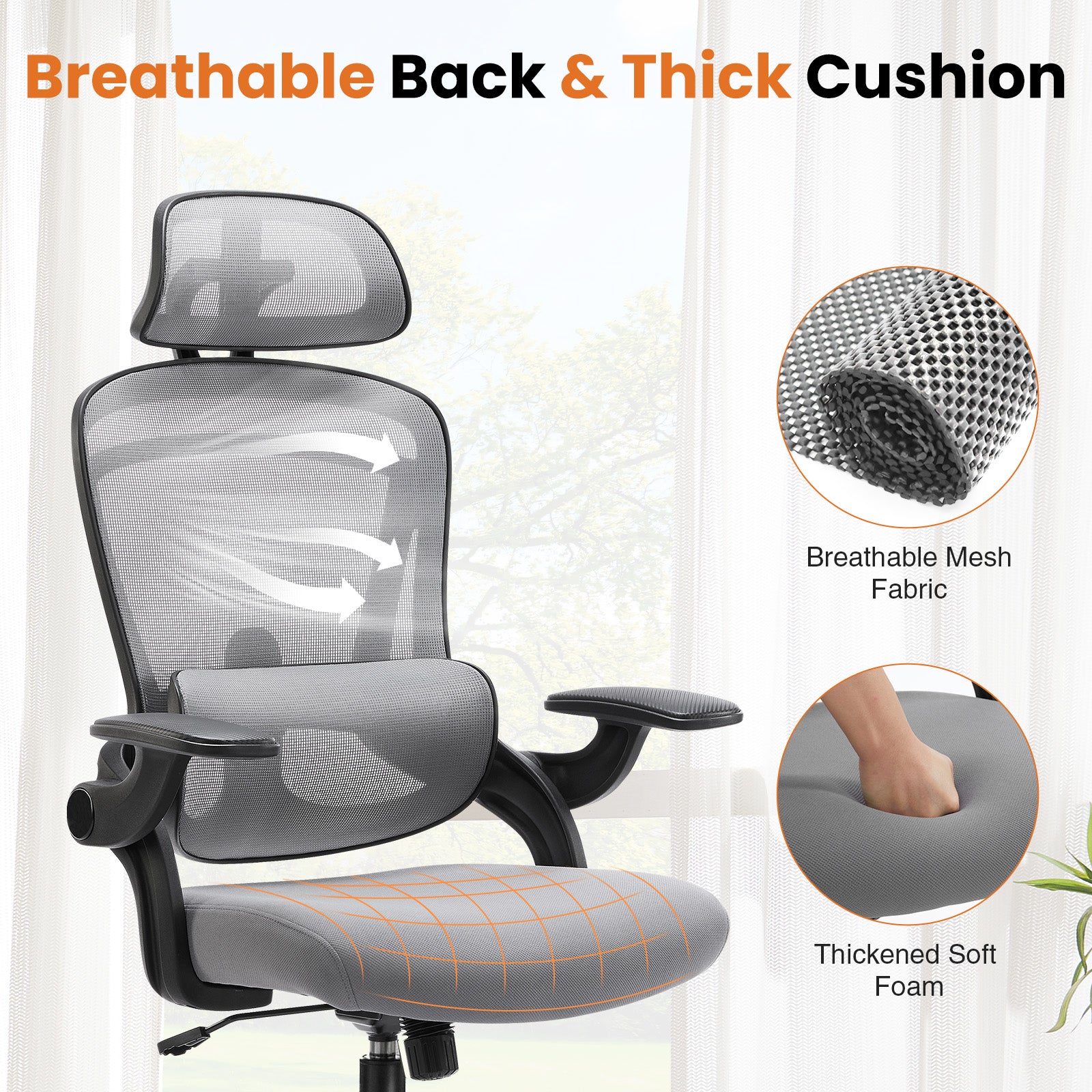High Back Desk Chair With Adjustable Lumbar Support & Headrest,Comfortable Mesh Computer Chair With Soft Flip Up Arms, Adjustable Height And 120 Tilt,Gray Gray Abs Pc