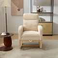 Modern Accent Rocking Chair Rocking Chair With Solid Wood Legs, Upholstered Nursery Glider Rocker, Comfy Armchair With Side Pocket, Living Room Lounge Arm Chair With High Backrest Teddy Beige Rubber