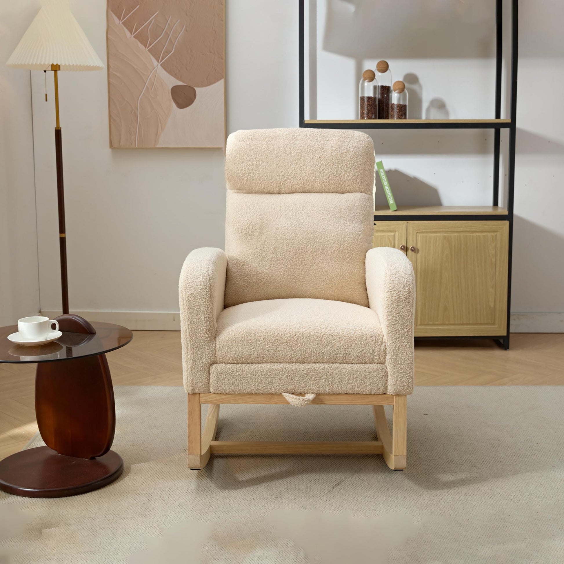 Modern Accent Rocking Chair Rocking Chair With Solid Wood Legs, Upholstered Nursery Glider Rocker, Comfy Armchair With Side Pocket, Living Room Lounge Arm Chair With High Backrest Teddy Beige Rubber