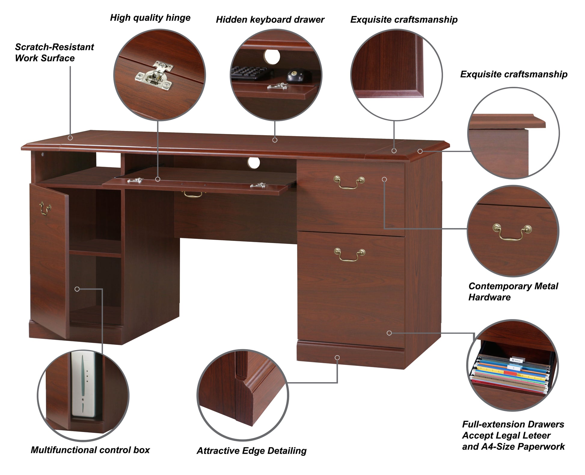 60" Writing Desk Base 60" Writing Desk Top Classic Cherry Finished Executive Desk With Spacious Storage And Hidden Keyboard Tray Cherry Solid Wood