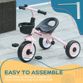 Qaba Kids Tricycle For Toddlers Age 2 5 With Adjustable Seat, Toddler Bike For Children With Basket, Bell, Handlebar Grips, Pink Pink Metal