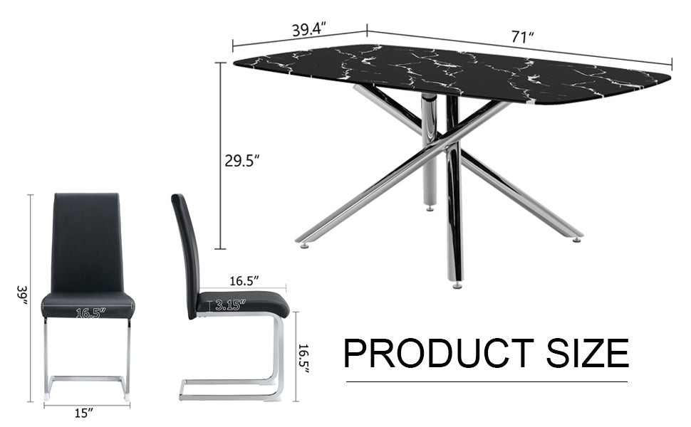 Table And Chair Set, Large Modern Minimalist Rectangular Dining Table, 0.39 Inch Black Imitation Marble Tabletop And Silver Metal Legs, Soft Leather Seats. F 1537 Silver Glass Metal