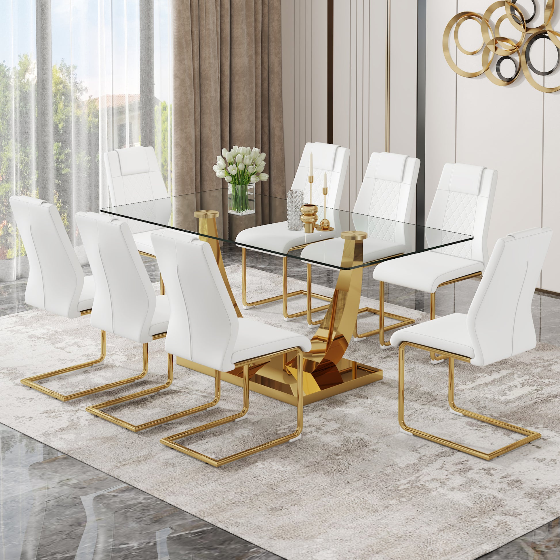 Table And Chair Set.Modern Rectangular Dining Table With Transparent Tempered Glass Tabletop And Gold Plated Metal Legs.Paried With 8 Comfortable Chairs With Pu Seats And Golden Metal Legs. Transparent,White Gold Seats 8 Glass Metal