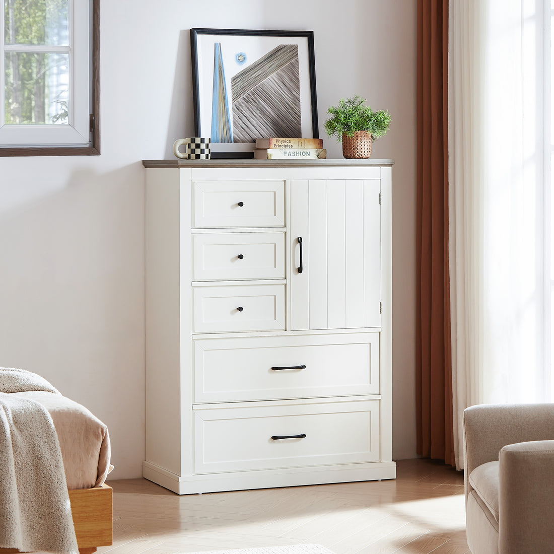 Farmhouse 5 Drawer Dresser For Bedroom, Tall Chest Of Drawers, Chest Of Drawers Organizer Storage,Wood Rustic Bedroom Dresser For Closet, Living Room, Hallway, White. White Gray Particle Board Mdf