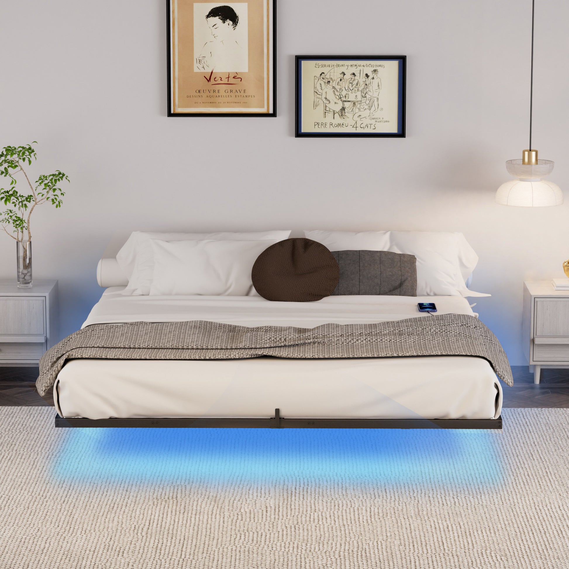 Floating Bed Frame King Size With Led Lights Charging Station, Metal Platform Queen Bed, 79.9'' L X 76.2'' W X 7.9'' H. King Black Iron