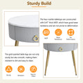19.6'' Easy Assembly End Tables With High Gloss Faux Marble Tabletops, Set Of 2, Modern Fluted 2 Side Tables With Drawers, Round Coffee Tables With Golden Legs For Living Room, Grey Grey Gold Primary Living Space Drawers Round Mdf Iron