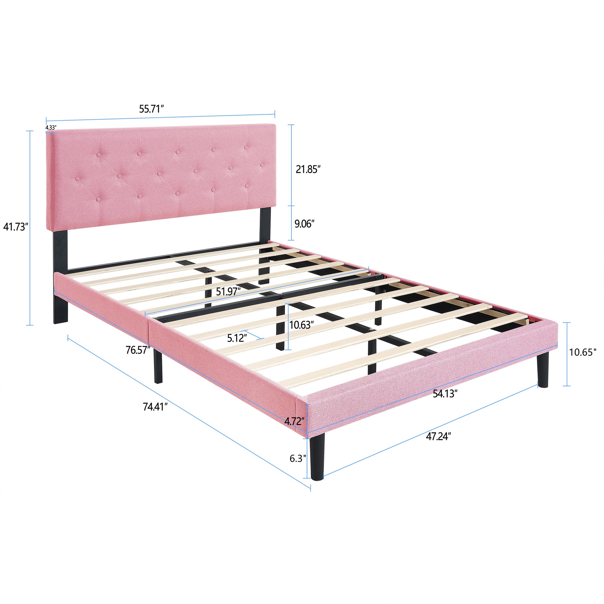 Full Size Upholstered Platform Bed Frame With Modern Button Tufted Linen Fabric Headboard, No Box Spring Needed, Wood Slat Support, Easy Assembly, Pink Full Pink Linen