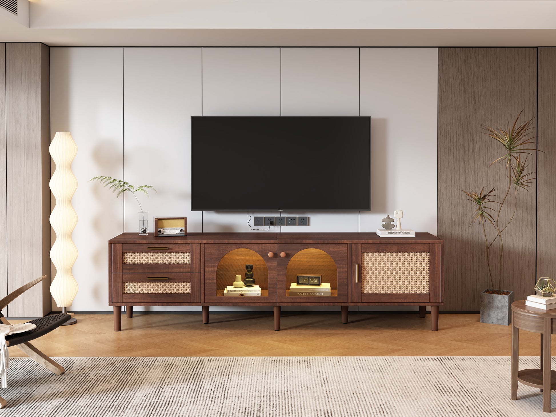 Rattan Tv Stand With 3 Cabinets & 2 Drawers, Rattan Inspired Media Console Table For Tvs Up To 80'', Led Light Entertainment Center, Tv Cabinet For Living Room, Bedroom, Home Theatre Dark Brown