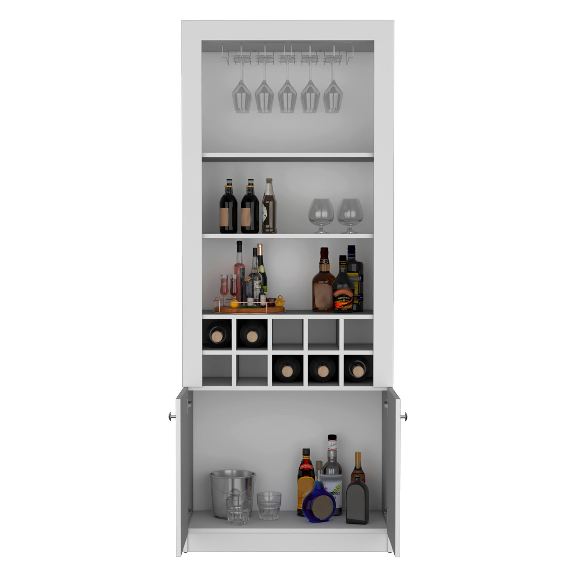 Nero 74 Inch Tall Bar Cabinet 4 Tier Modern Bar Cabinet With Glass Holder Stemware Rack, Wine Cabinet, Liquor Cabinet, 10 Bottle Cubbies And 4 Shelves. White Primary Living Space Modern Particle Board Shelves Included Engineered Wood