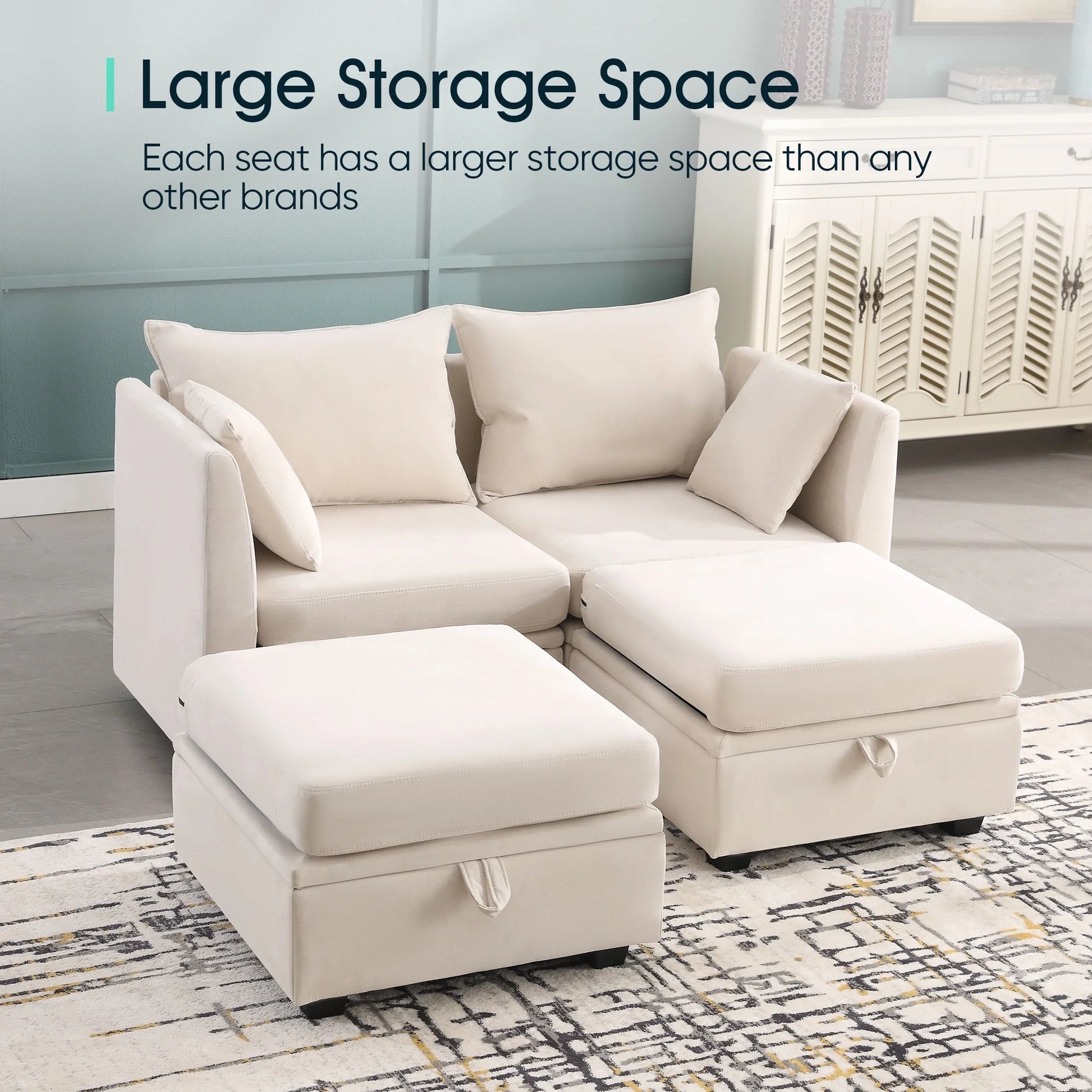 Modular Couches And Sofas Sectional With Storage Sectional Sofa U Shaped Sectional Couch With Reversible Chaises, Beige Beige Linen Wood Primary Living Space Soft Heavy Duty Cotton Cotton 4 Seat