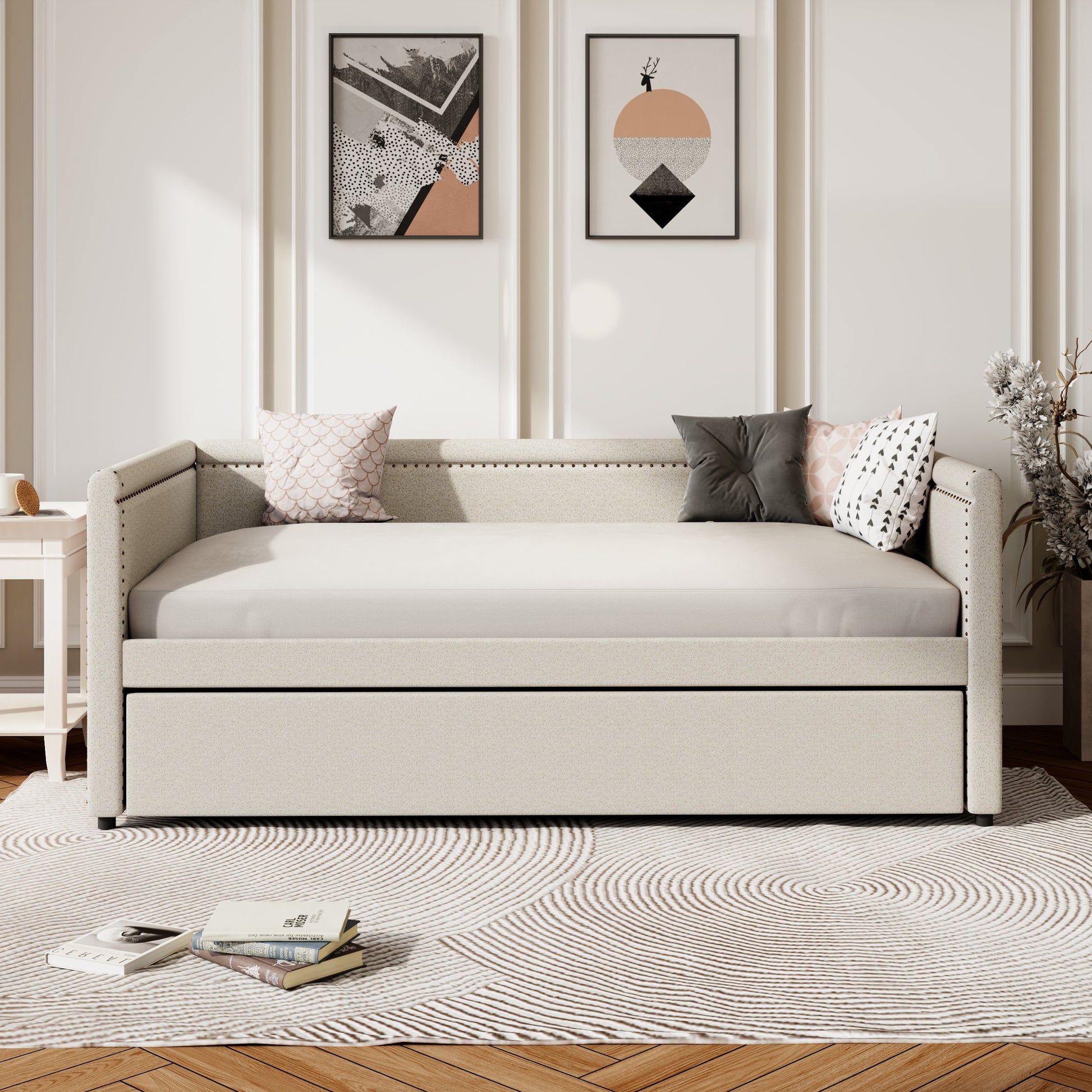Modern Style Twin Size Upholstered Daybed With Trundle For Guest Room, Small Bedroom, Study Room, Beige Box Spring Not Required Twin Beige Wood Bedroom Traditional Daybeds Linen Upholstered
