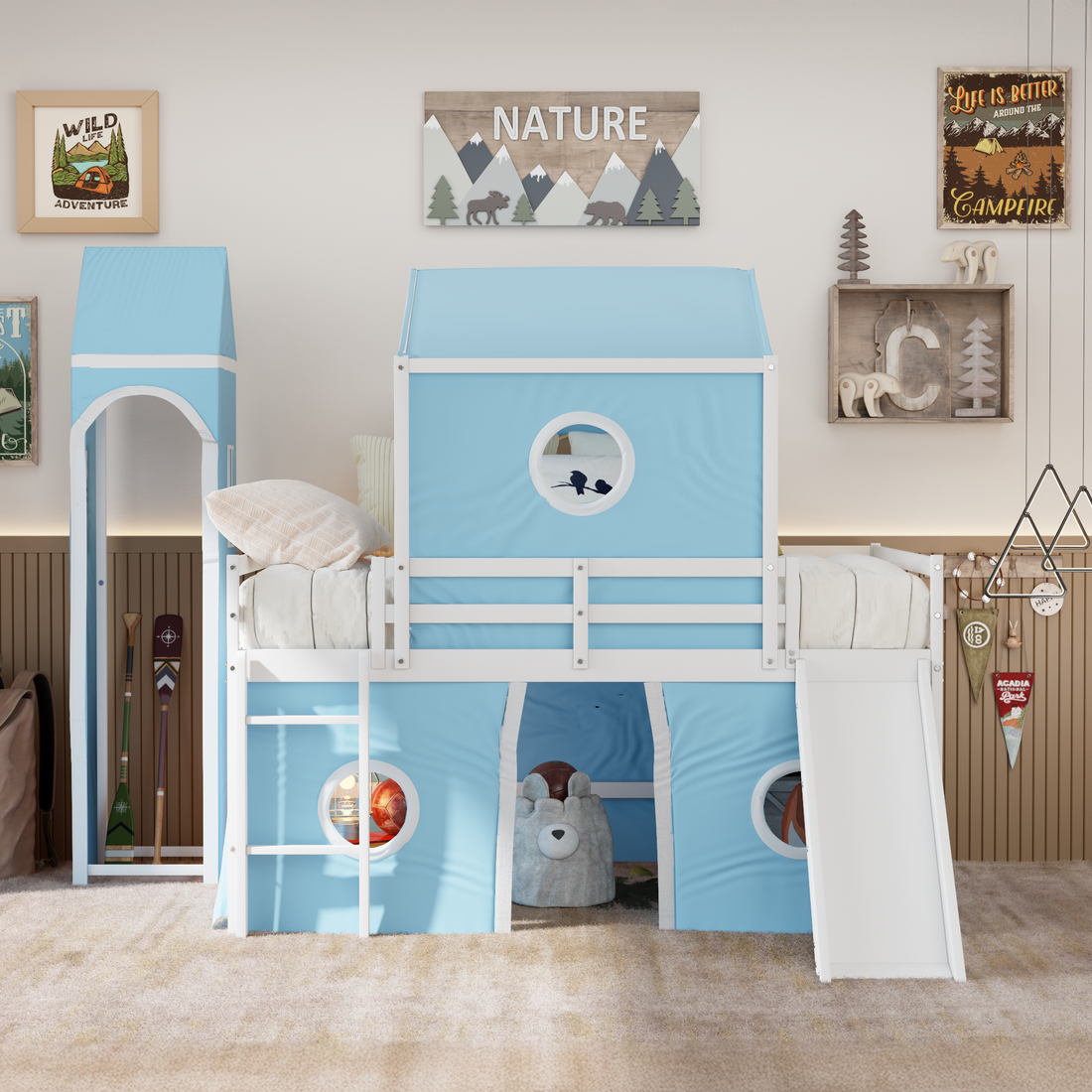 Full Size Loft Bed With Slide Pink Tent And Tower Blue Old Sku:Wf298771Aac Full Blue Solid Wood