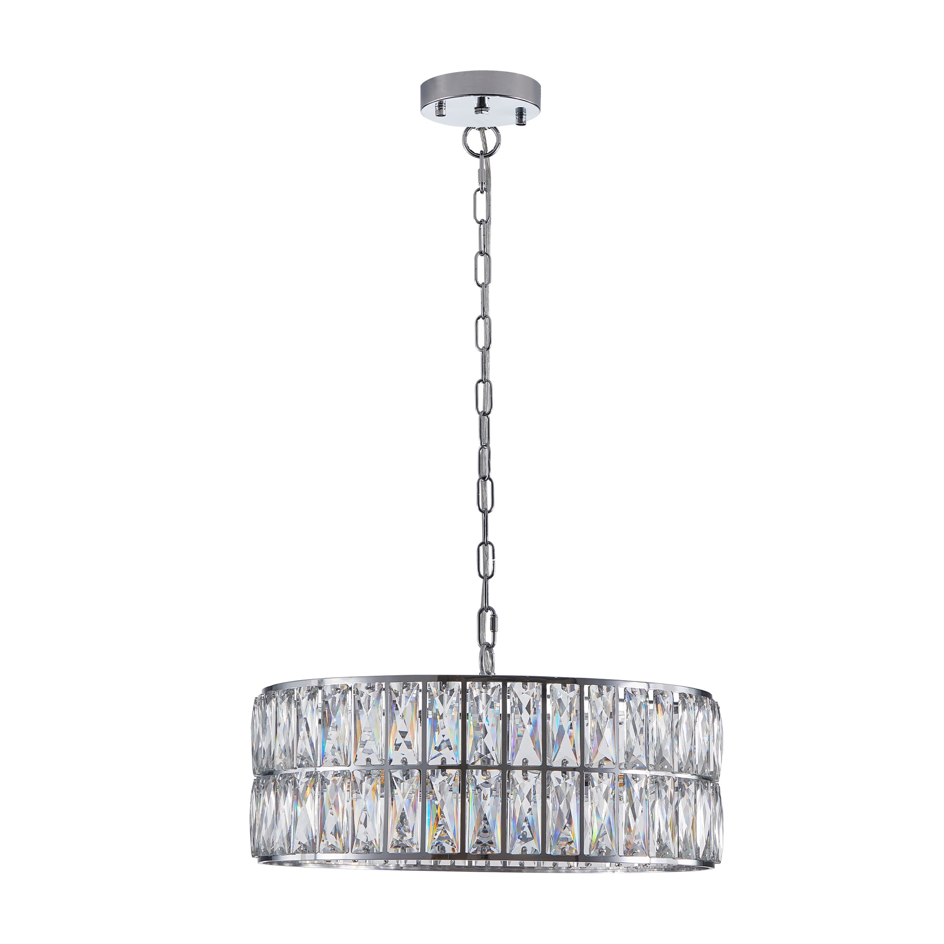 Modern Crystal Drum Chandelier, 6 Light Pendant Lighting Fixture With Silver Metal Frame For Living Room, Dining Room, And Bedroom Bulbs Not Included Silver Clear Crystal Iron