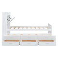 Twin Size Wooden Bed With Storage Headboard With Outlets, Extendable Bed With Twin Size Trundle With Three Storage Drawers,White Twin White Wood
