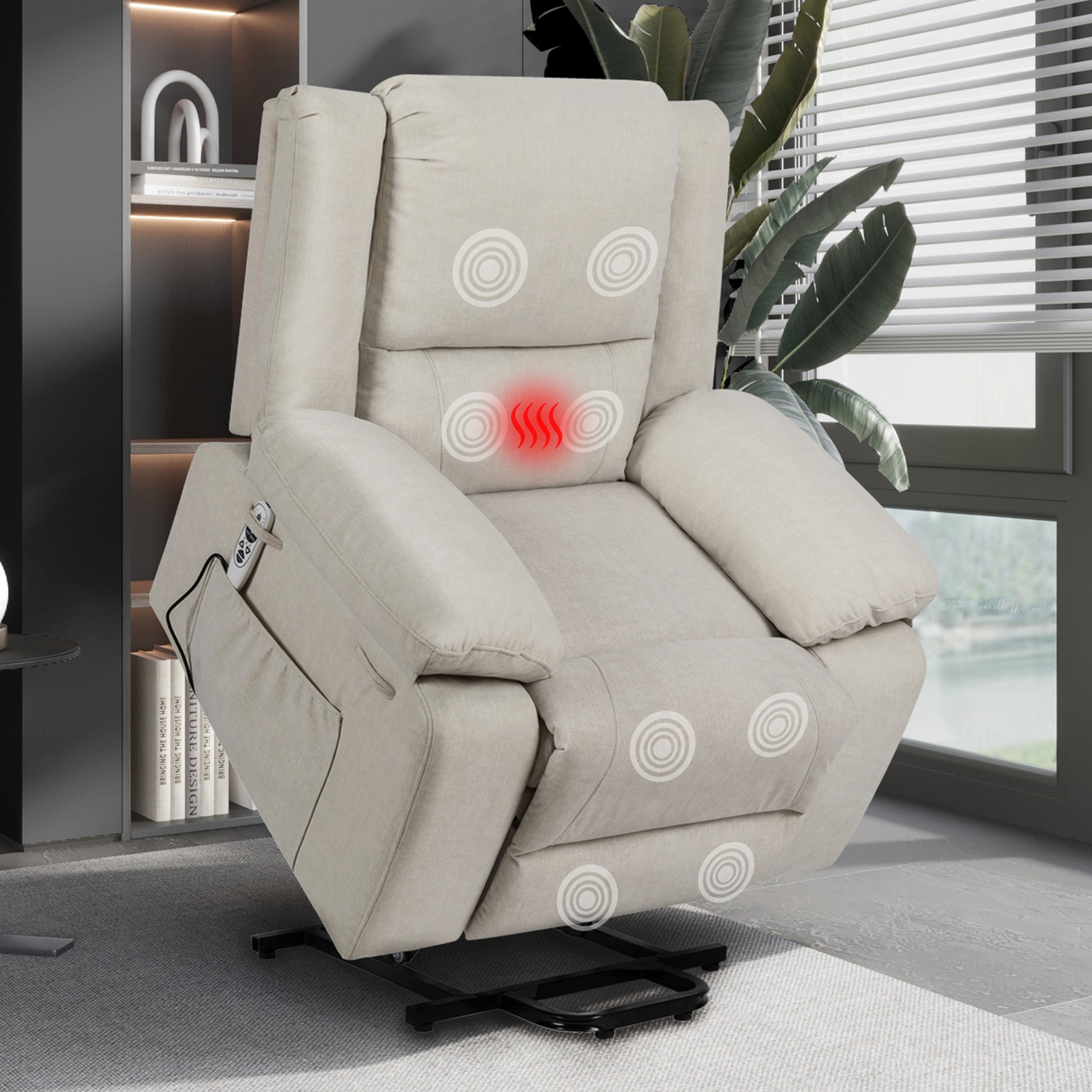 Electric Power Recliner Chair With Massage For Elderly ,Remote Control Multi Function Lifting, Timing, Cushion Heating Chair With Side Pocket Beige Beige Power Push Button Metal Primary Living Space Soft American Design Cat Scratch Fabric