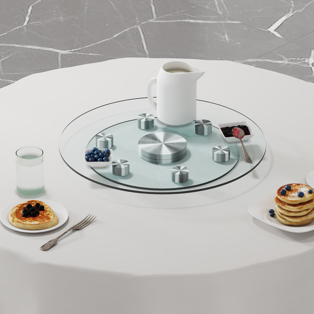 Double Layer Rotatable Round Glass.The Rotatable Design Makes It More Convenient To Retrieve And Place Items.The Upper Glass Has A Diameter Of 20 Inches, While The Lower Glass15 Inches. Transparent Glass