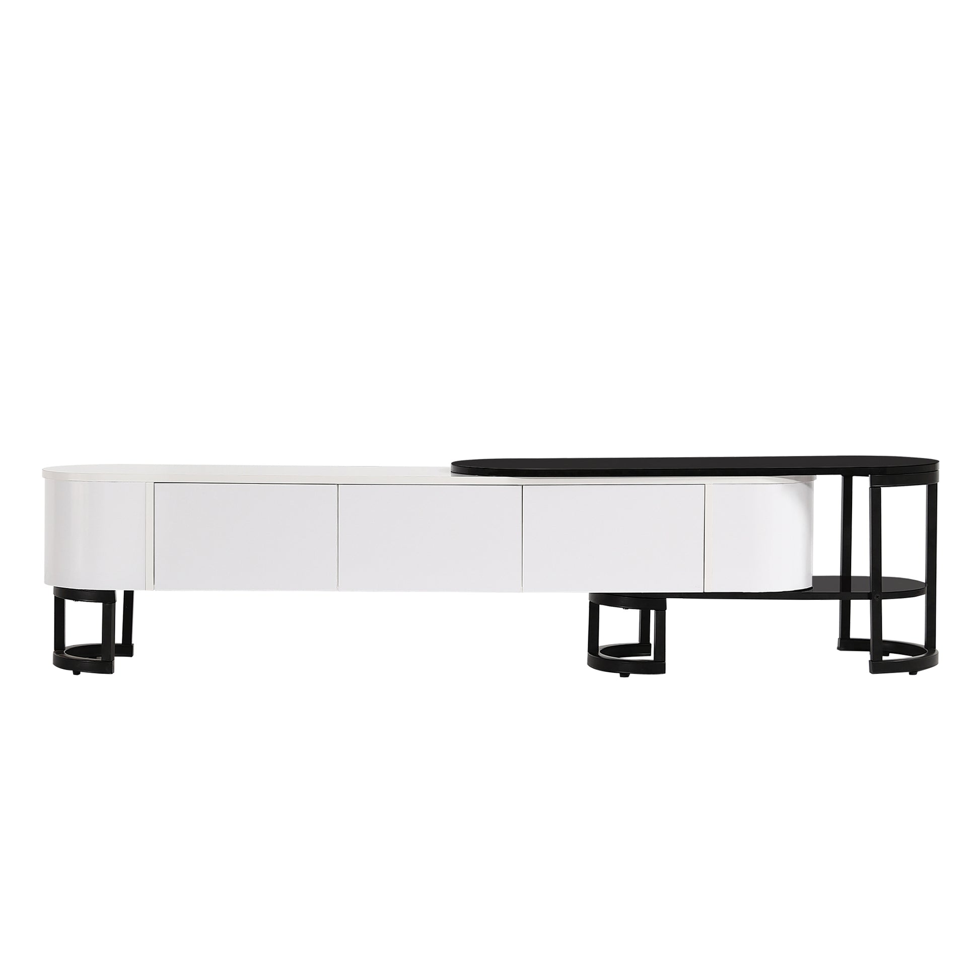 67.7'' 76.4'' Modern Extendable Tv Stand For Tvs Up To 75 Inches, Entertainment Center Media Console With 3 Drawers, Metal Adjustable Legs For Living Room White Black 70 79 Inches Particle Board Mdf