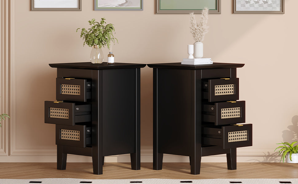 Wooden Nightstands Set Of 2 With Rattan Woven Surfaces And Three Drawers, Exquisite Elegance With Natural Storage Solutions For Bedroom, Black Black Particle Board