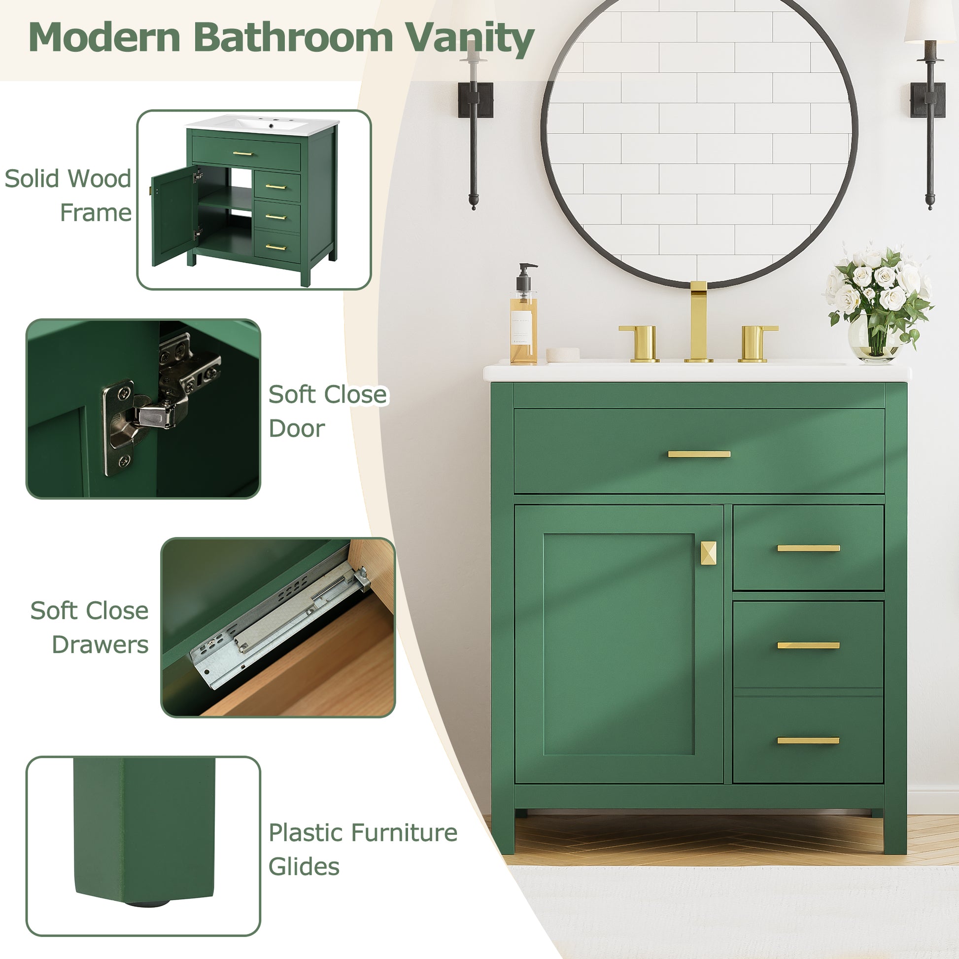 30 Inch Green Bathroom Vanity With Ceramic Sink And Large Storage Ideal Choice For Small Bathrooms Green Solid Wood Mdf