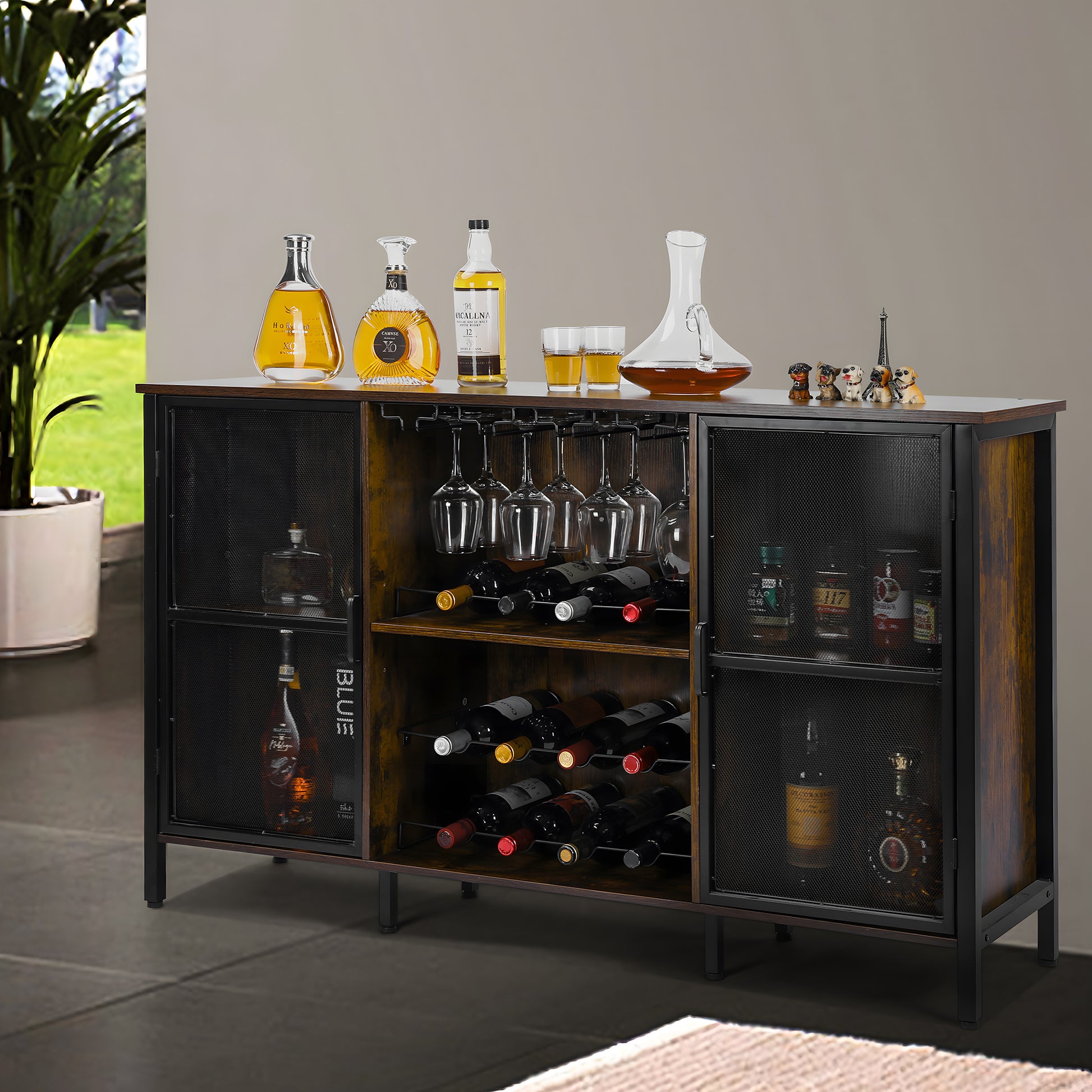 Industrial Wine Coffee Bar Liquor Cabinet Freestanding, 55' Kitchen Buffet Sideboard Farmhouse Storage Display Cabinet With Glass Holder & Sliding Wine Racks, Black Antique Antique Brown Metal & Wood