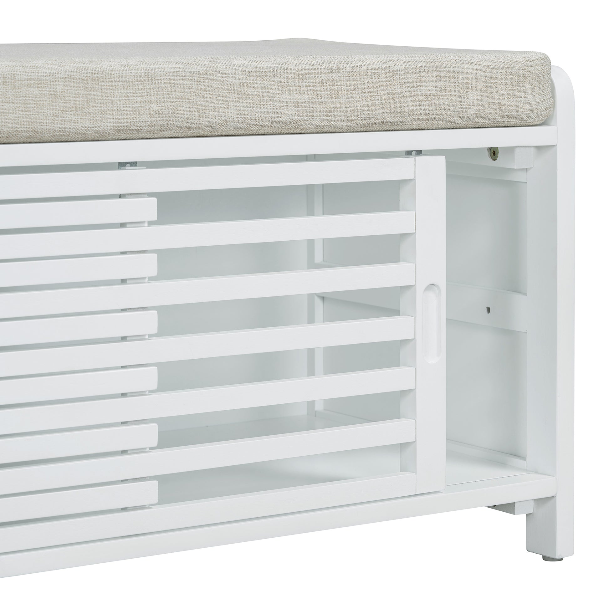 Distressed Shutter Storage Bench With Acacia Veneer For Retro Charm For Living Room, Entryway White White Mdf