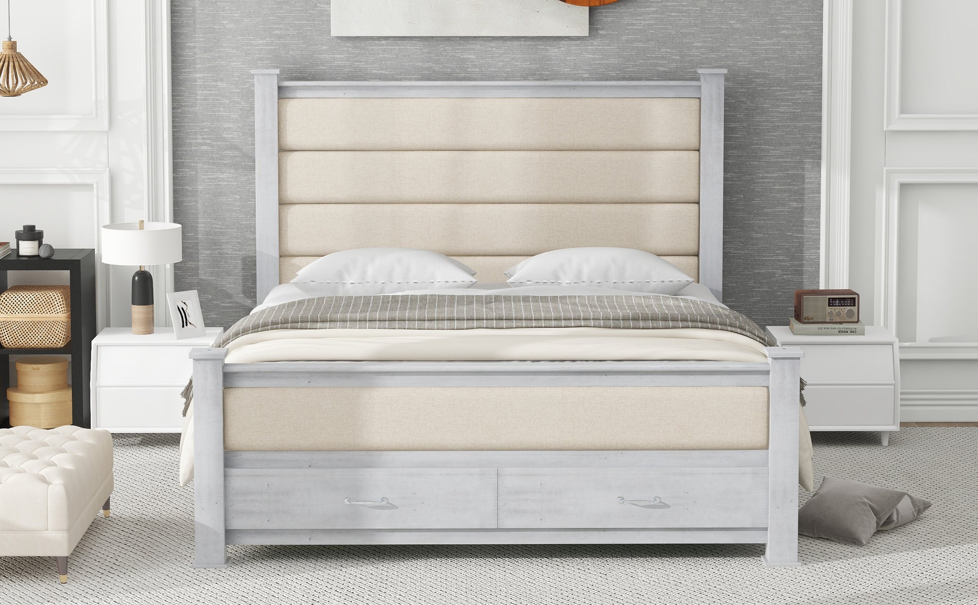 Queen Size Wood Frame Platform Bed With Upholstered Headboard, Footboard And 2 Drawers, Antique White Box Spring Not Required Queen Antique White Wood Bed Frame Solid Wood Mdf
