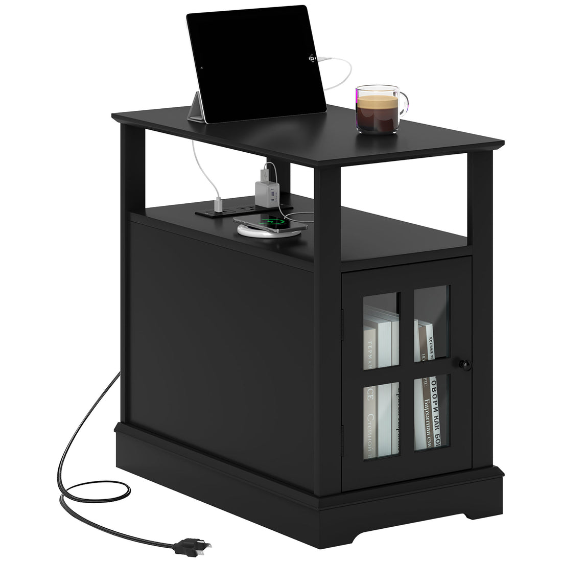 Homcom End Table With Charging Station, Narrow Side Table With Usb Ports And Outlets, Small Table With Hidden Storage And Open Shelf For Living Room, Black Black Mdf
