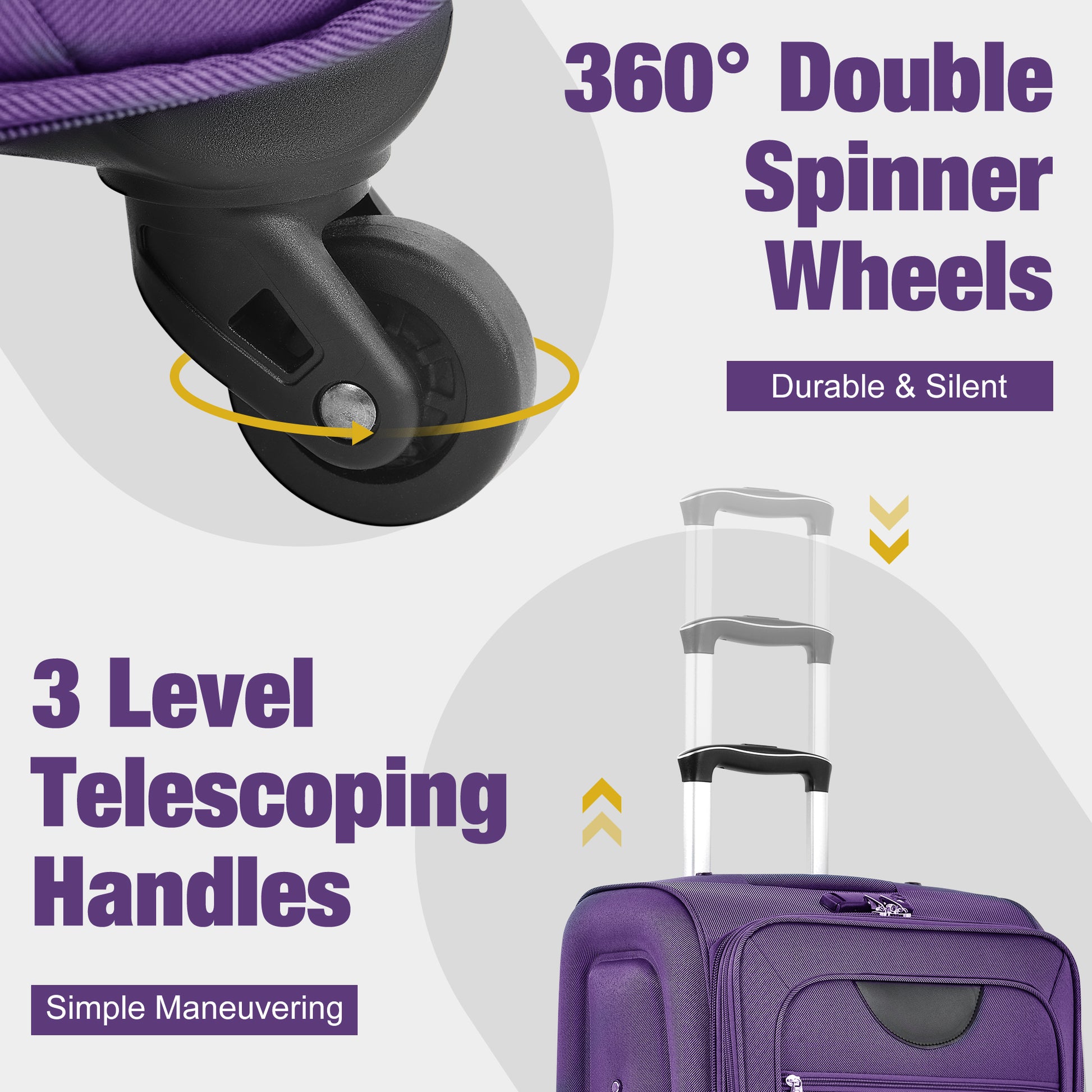 Softside Luggage Expandable 3 Piece Set Suitcase With Duffel Bag Upright Spinner Softshell Lightweight Luggage Travel Set Purple Polyester