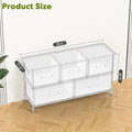 5 Drawers Dresser For Bedroom, Kidsroom Furniture, Wide Chest Of Drawers, Storage Organizer Units With Fabric Bins For Closet, White, Metal Frame, Waterproof Wood Top, Adjustable Feet White Wood